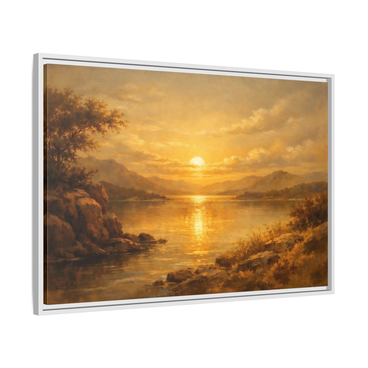 Side Mockup 8. Nature Lake Sunset Golden Sunset shown as stretched canvas wall art