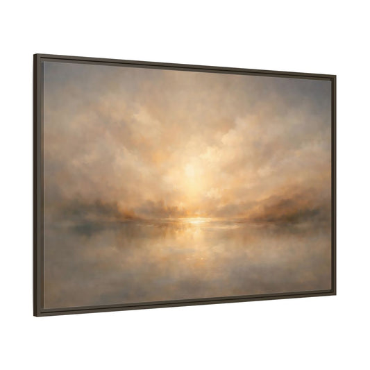 Main Mockup. Nature Lake Sunset Golden Haze shown as stretched canvas wall art