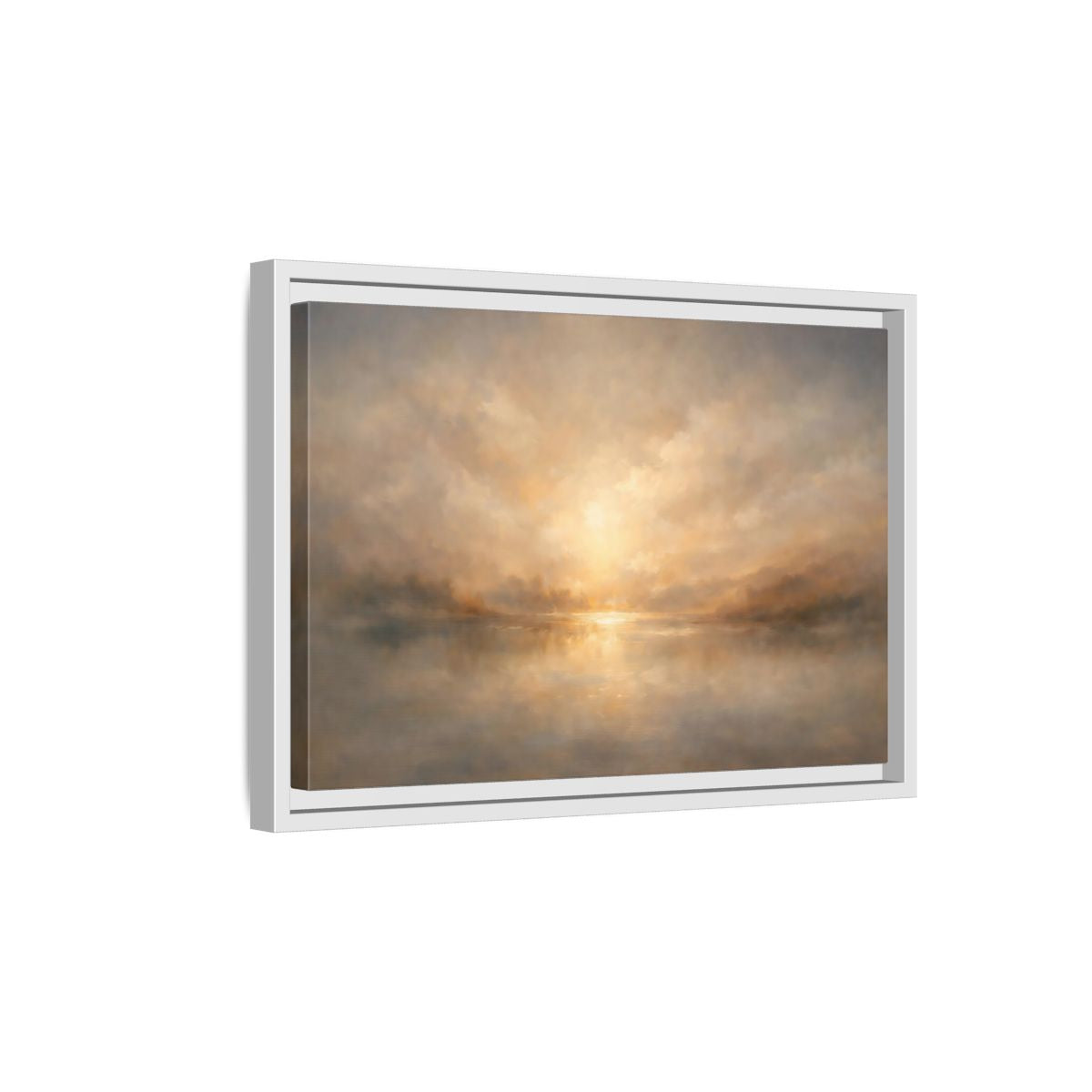 Side Mockup 4. Nature Lake Sunset Golden Haze shown as stretched canvas wall art