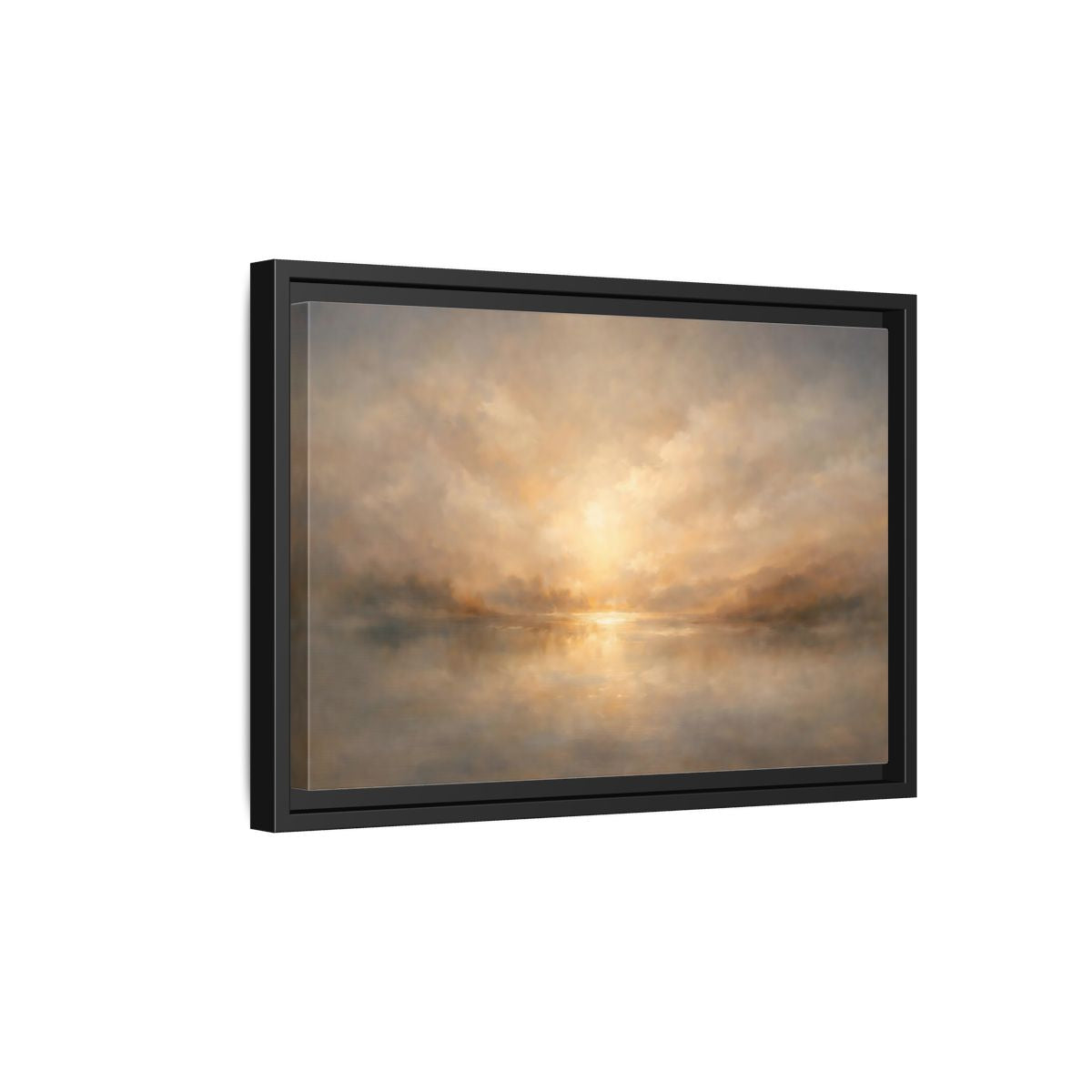 Side Mockup 6. Nature Lake Sunset Golden Haze shown as stretched canvas wall art
