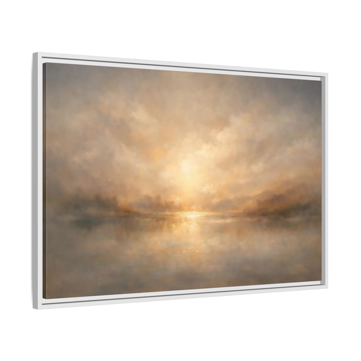 Side Mockup 8. Nature Lake Sunset Golden Haze shown as stretched canvas wall art