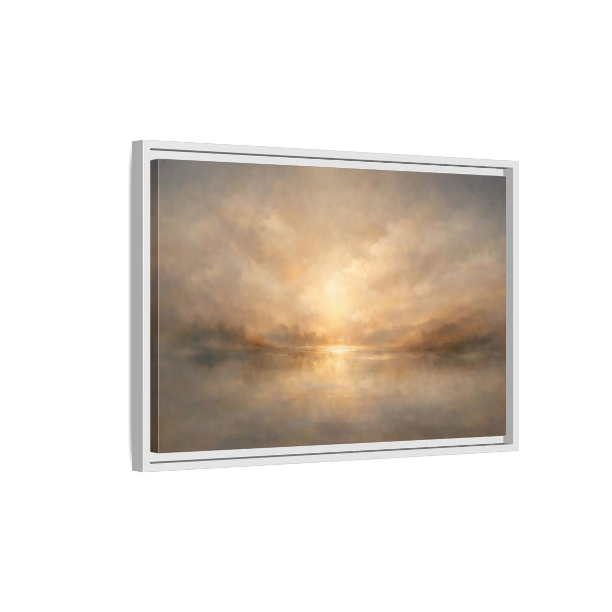 Side Mockup 1. Nature Lake Sunset Golden Haze shown as stretched canvas wall art