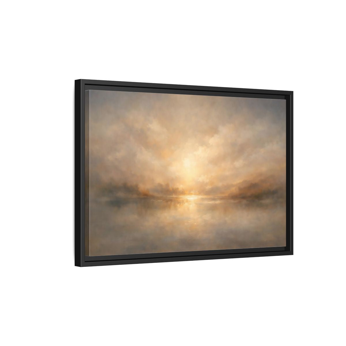 Side Mockup 3. Nature Lake Sunset Golden Haze shown as stretched canvas wall art