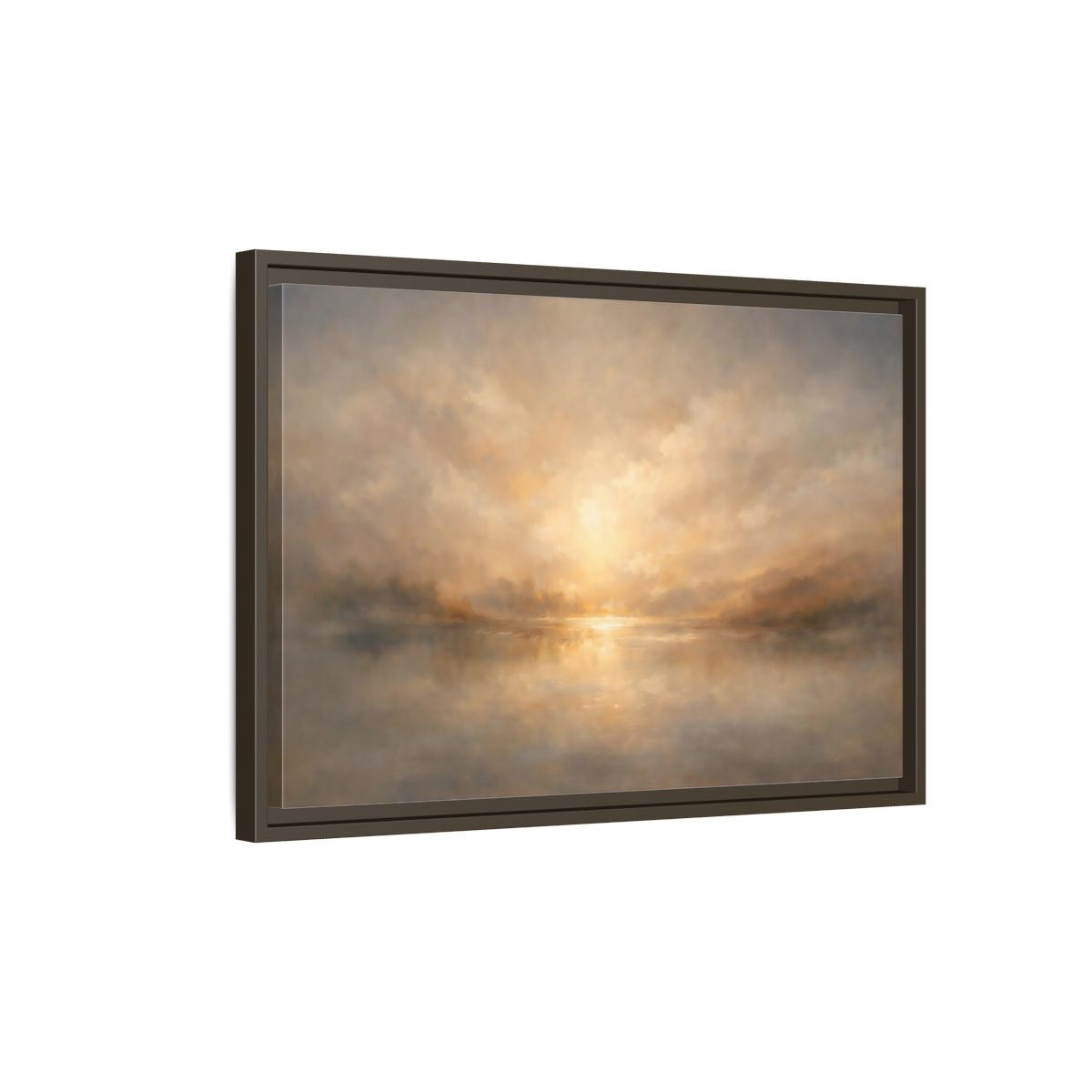 Side Mockup 2. Nature Lake Sunset Golden Haze shown as stretched canvas wall art