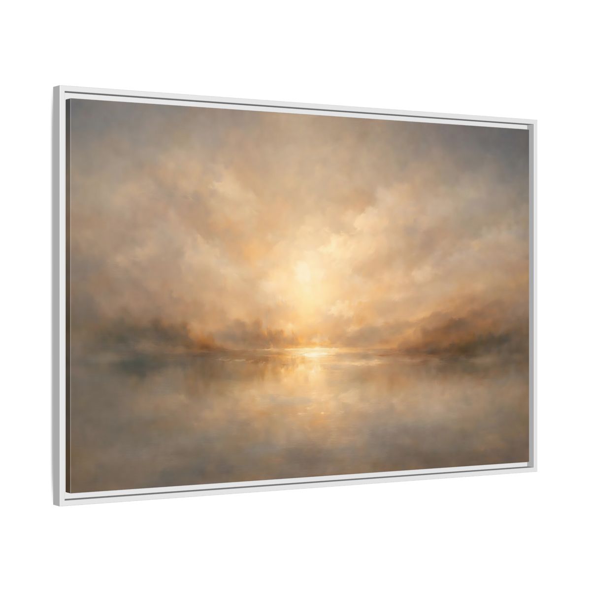 Side Mockup 7. Nature Lake Sunset Golden Haze shown as stretched canvas wall art