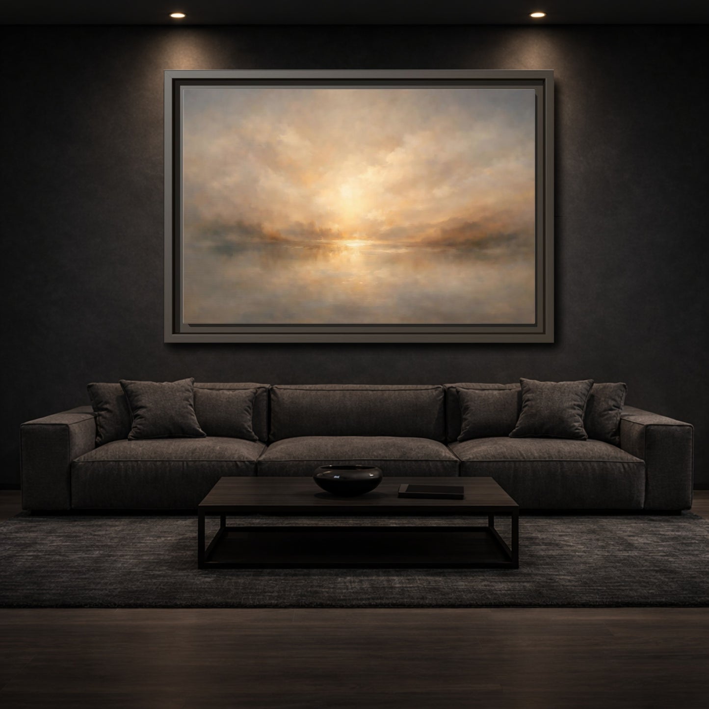Mockup 2. Nature Lake Sunset Golden Haze shown as stretched canvas wall art