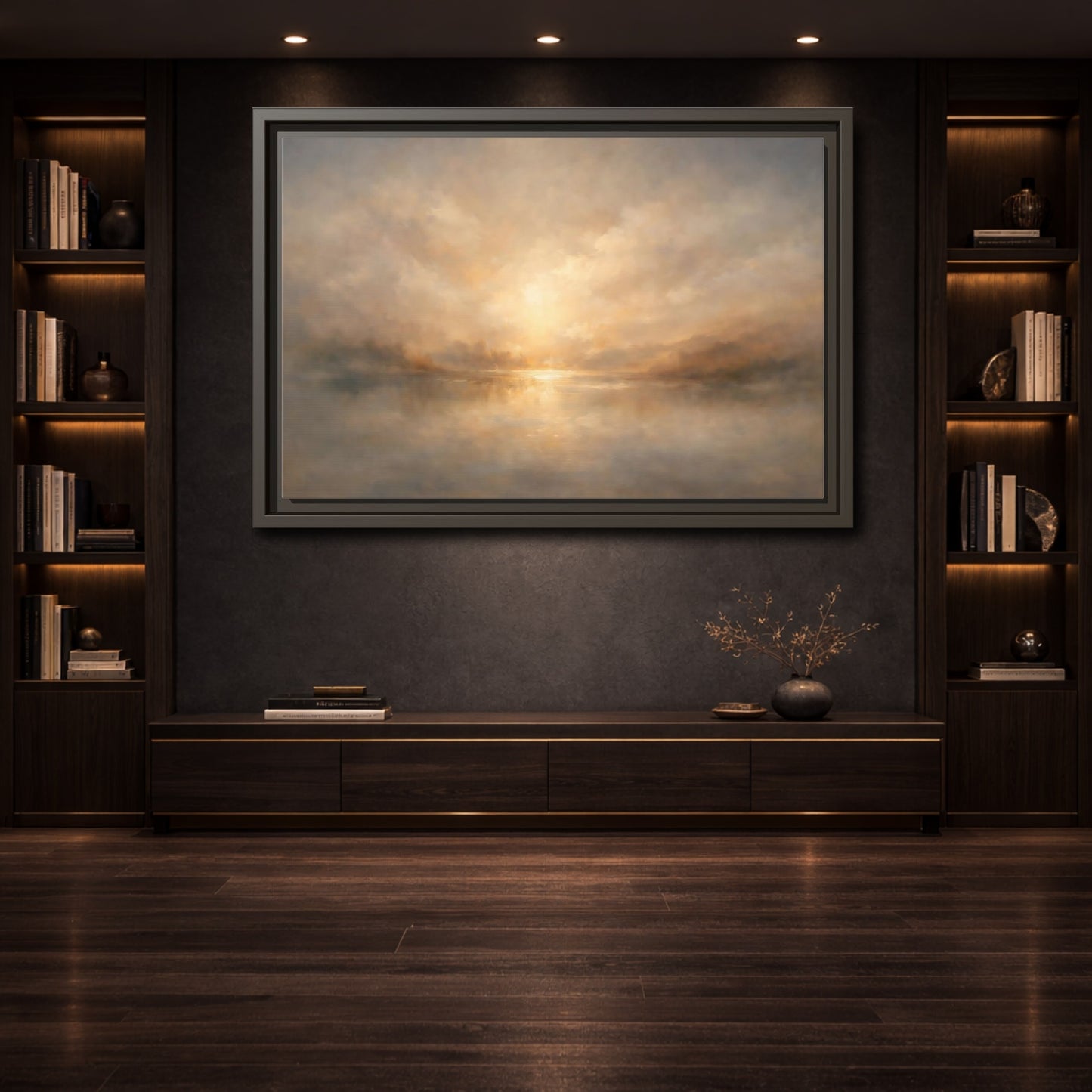 Mockup 3. Nature Lake Sunset Golden Haze shown as stretched canvas wall art