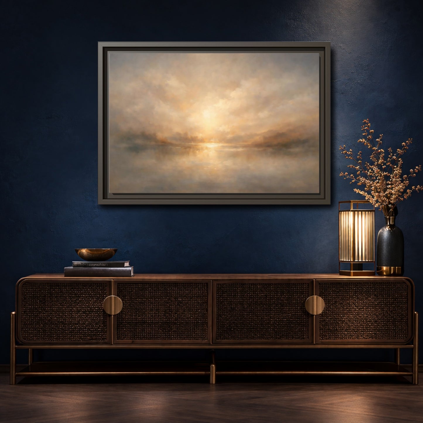 Mockup 4. Nature Lake Sunset Golden Haze shown as stretched canvas wall art
