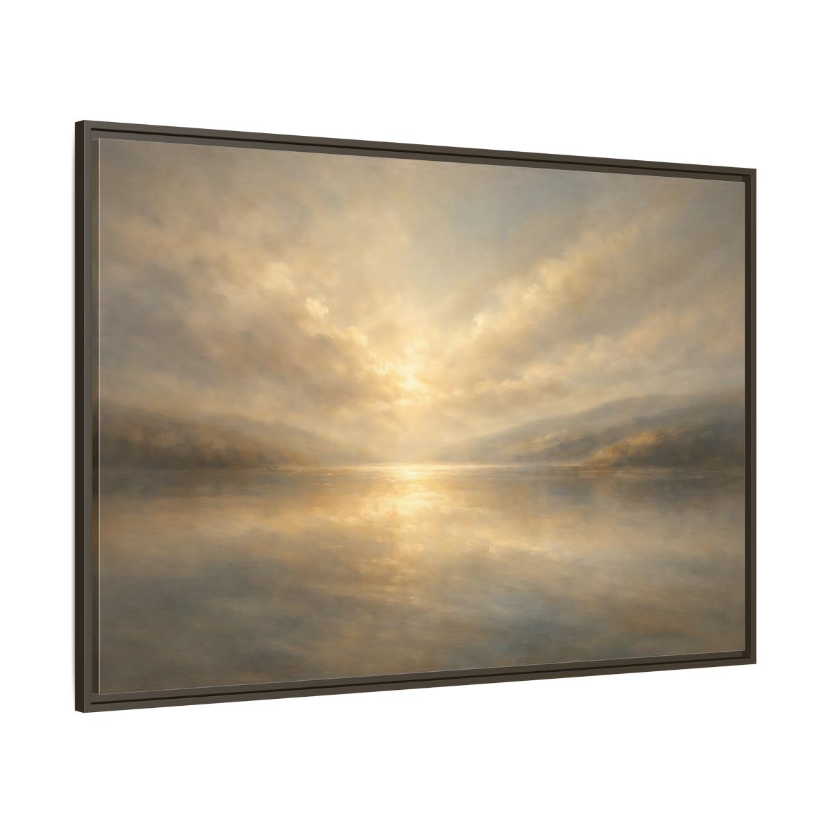 Main Mockup. Nature Lake Sunset Golden Hues shown as stretched canvas wall art