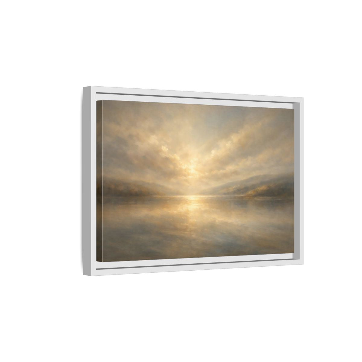 Side Mockup 4. Nature Lake Sunset Golden Hues shown as stretched canvas wall art