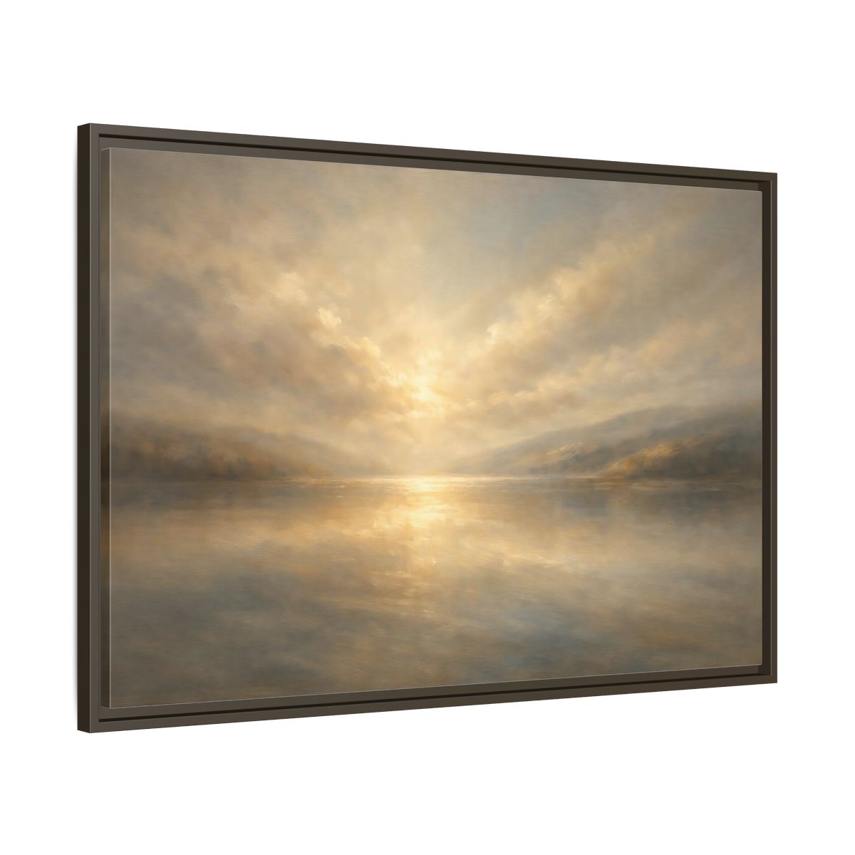 Side Mockup 9. Nature Lake Sunset Golden Hues shown as stretched canvas wall art
