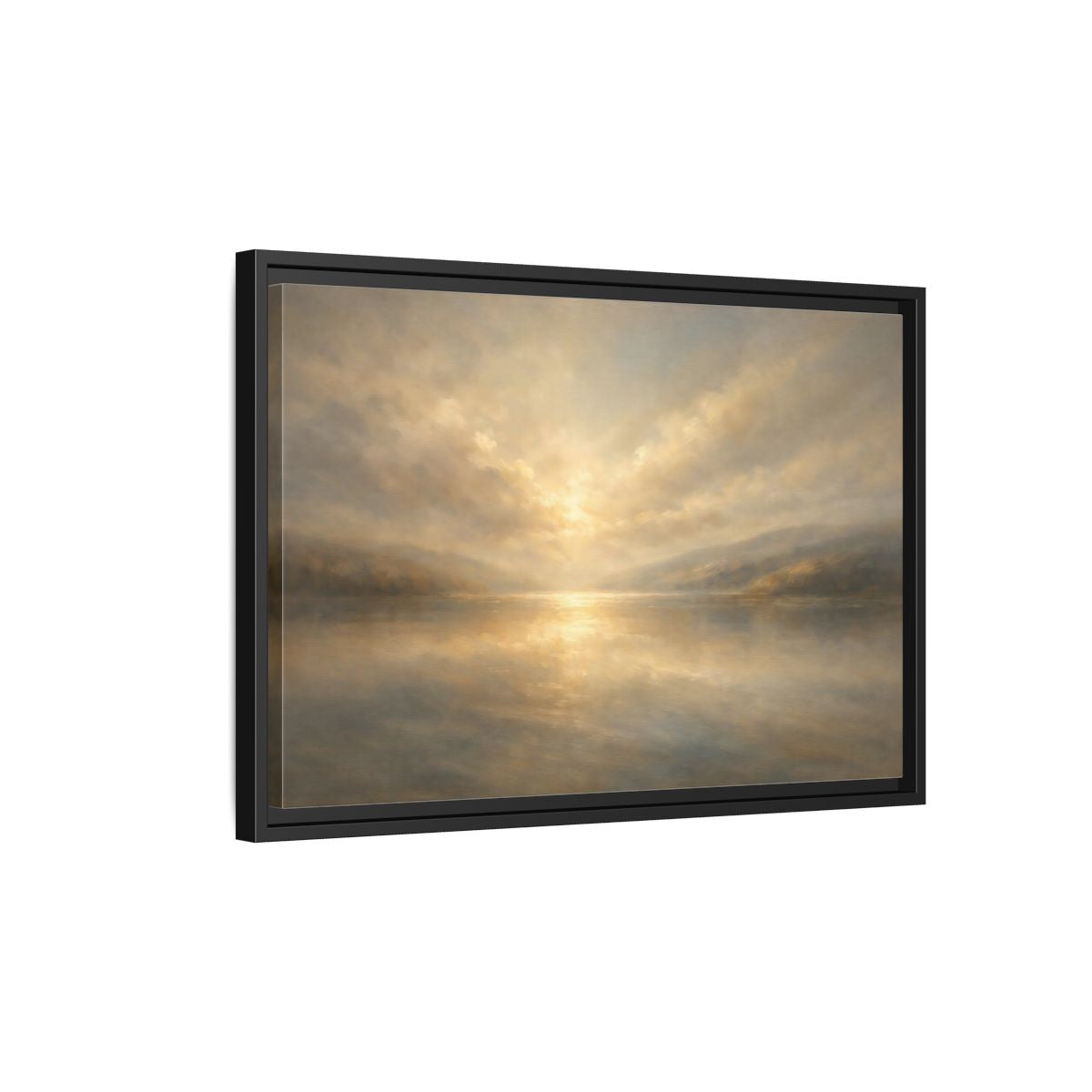 Side Mockup 3. Nature Lake Sunset Golden Hues shown as stretched canvas wall art