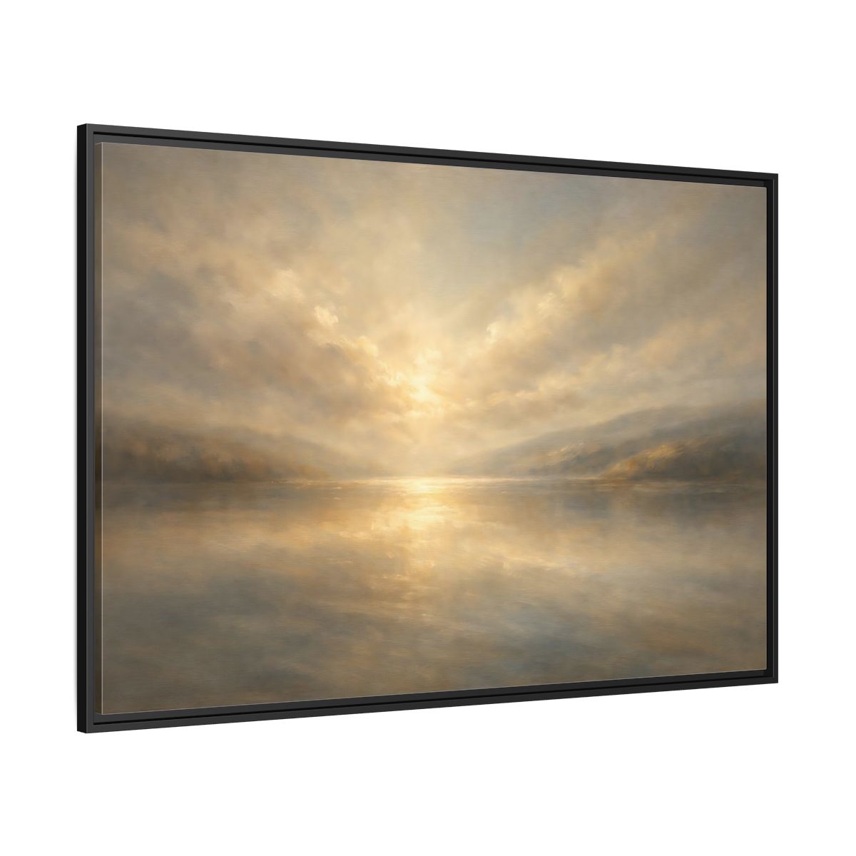 Side Mockup 12. Nature Lake Sunset Golden Hues shown as stretched canvas wall art