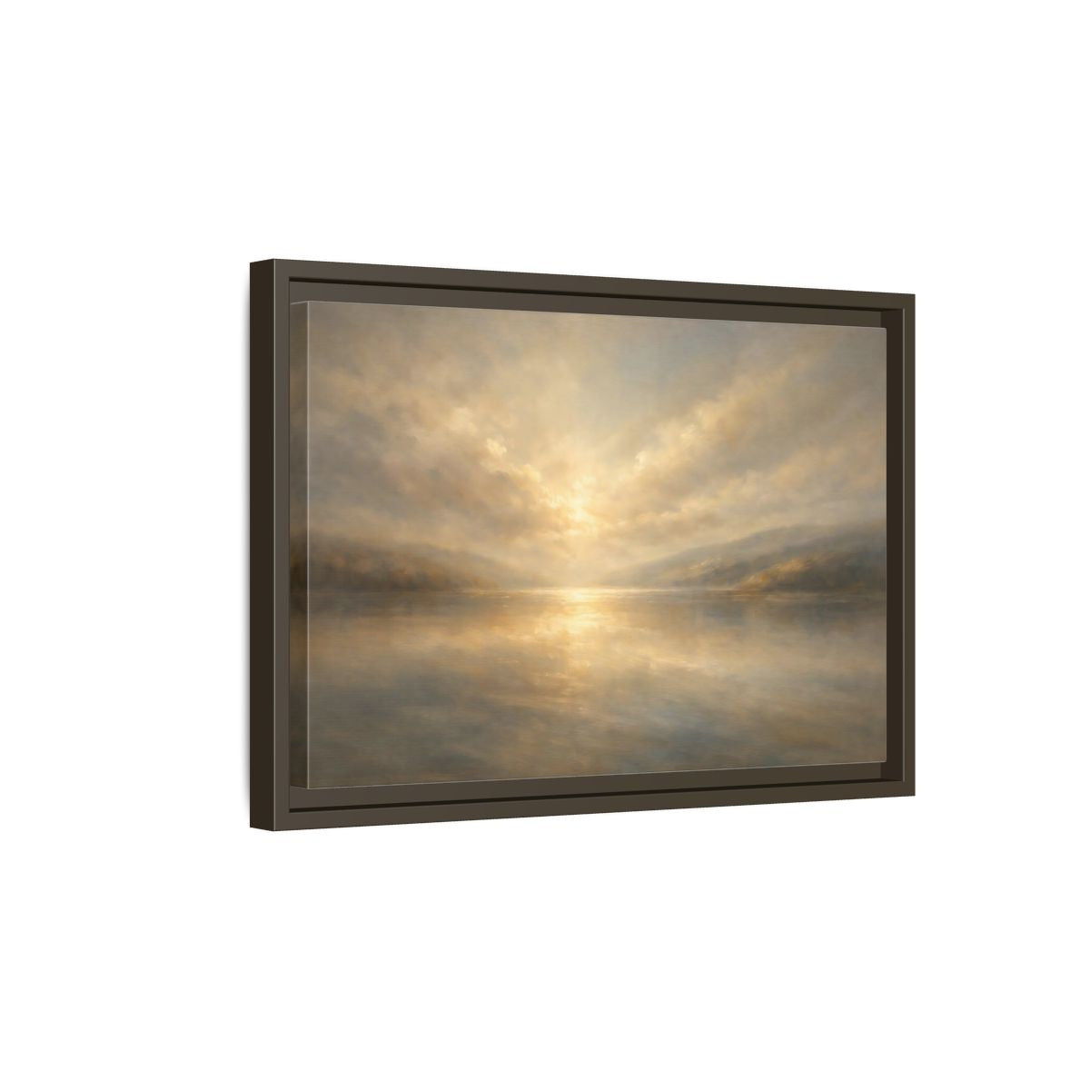 Side Mockup 5. Nature Lake Sunset Golden Hues shown as stretched canvas wall art