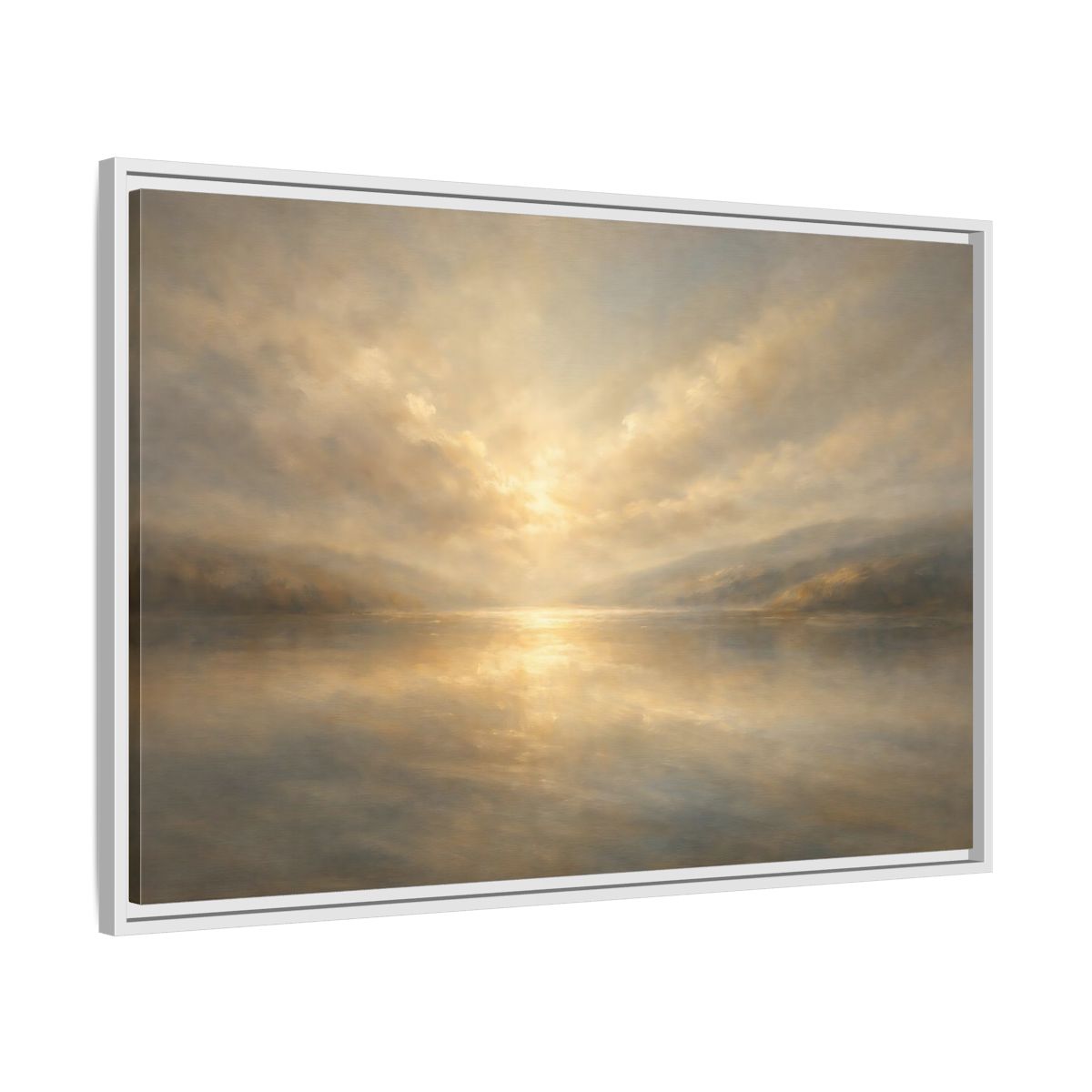 Side Mockup 8. Nature Lake Sunset Golden Hues shown as stretched canvas wall art