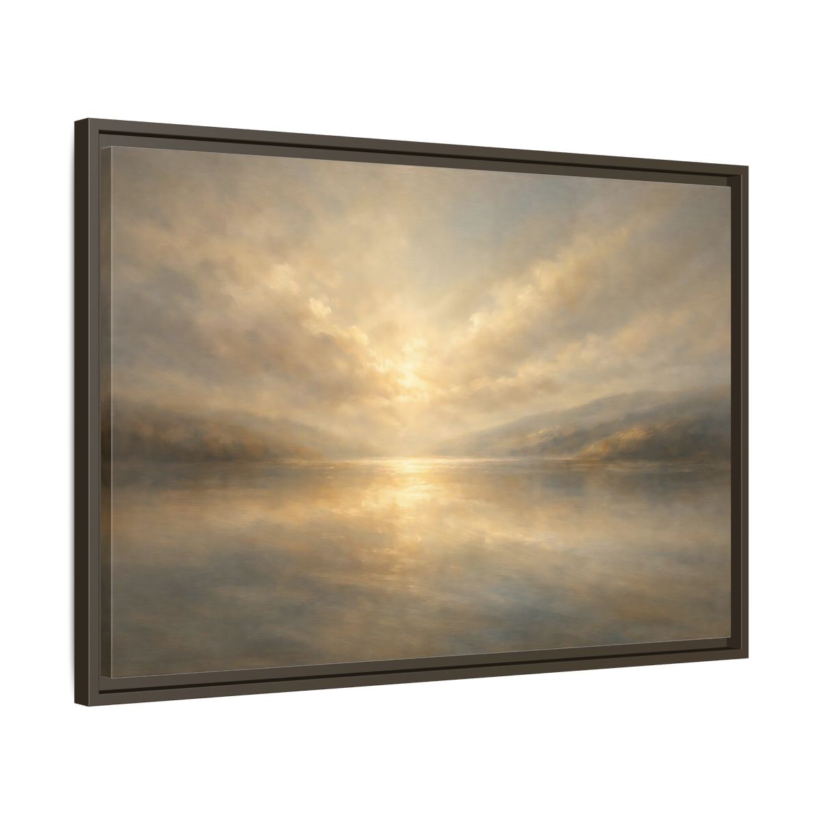 Side Mockup 11. Nature Lake Sunset Golden Hues shown as stretched canvas wall art