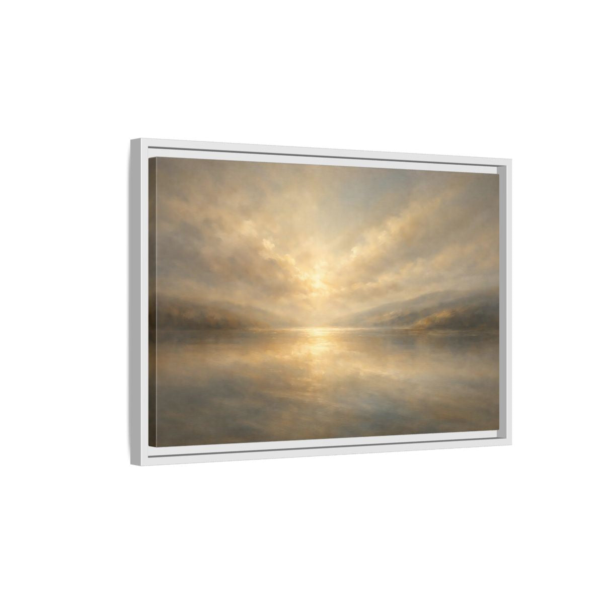 Side Mockup 1. Nature Lake Sunset Golden Hues shown as stretched canvas wall art