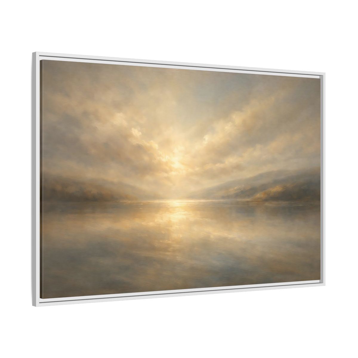 Side Mockup 7. Nature Lake Sunset Golden Hues shown as stretched canvas wall art