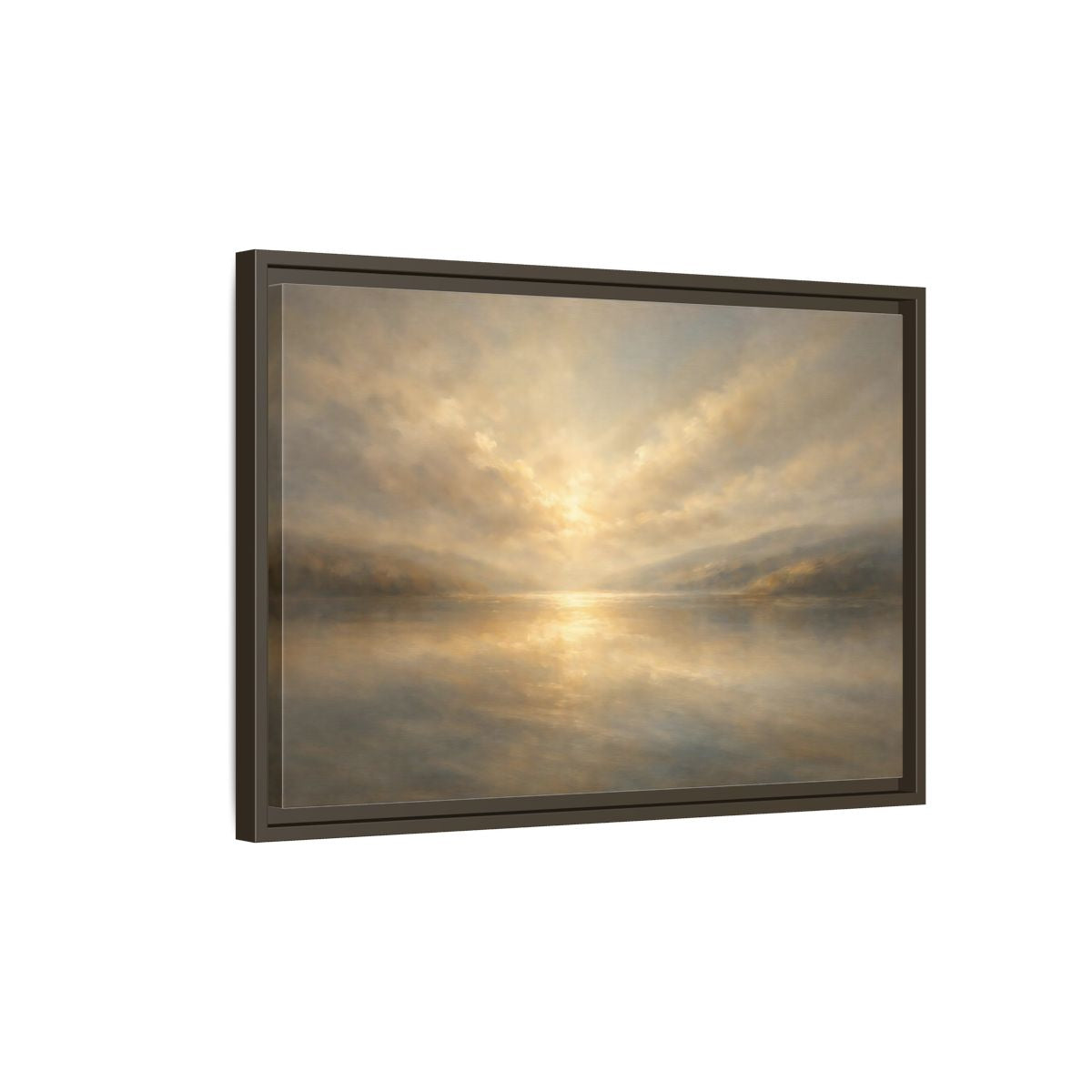 Side Mockup 2. Nature Lake Sunset Golden Hues shown as stretched canvas wall art