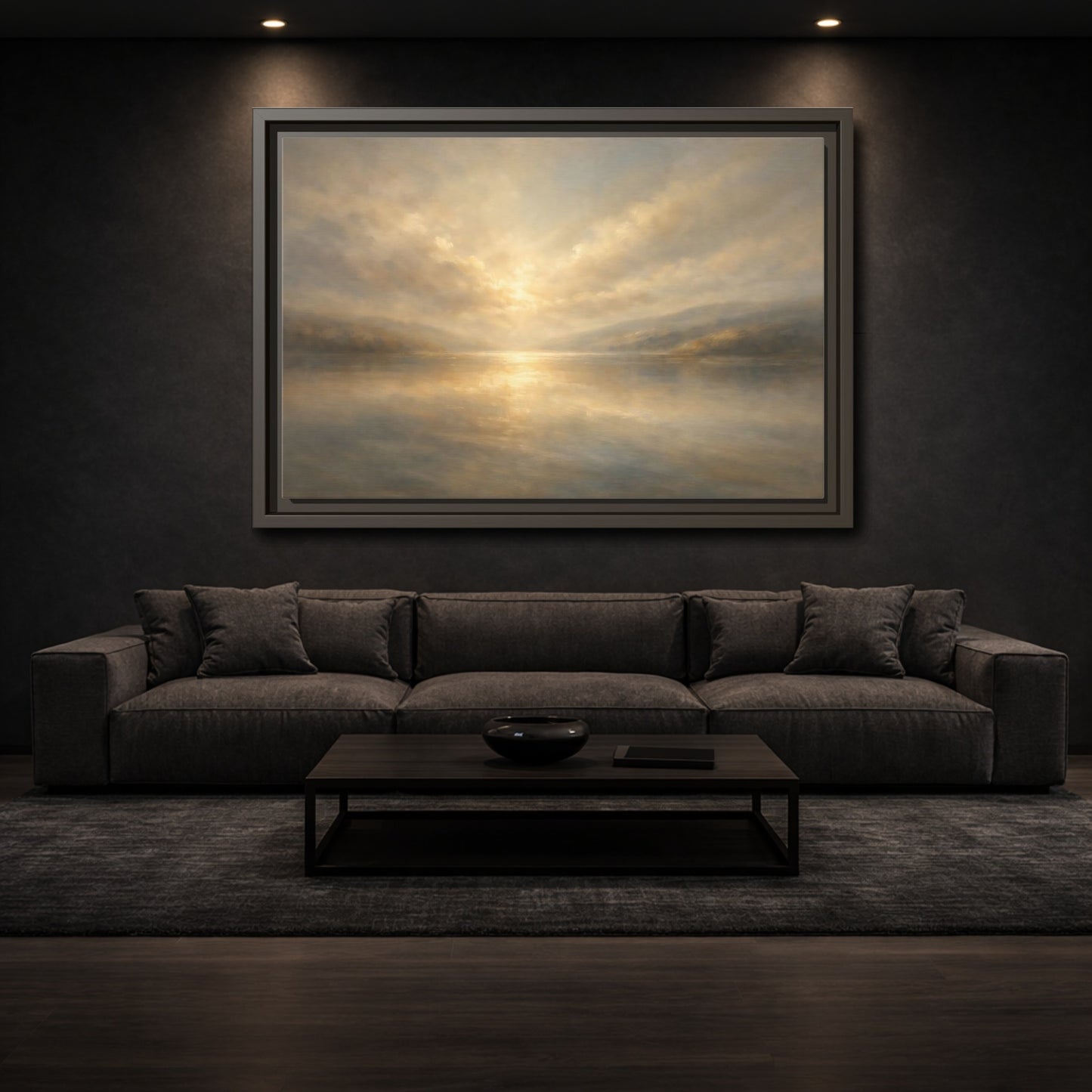 Mockup 2. Nature Lake Sunset Golden Hues shown as stretched canvas wall art