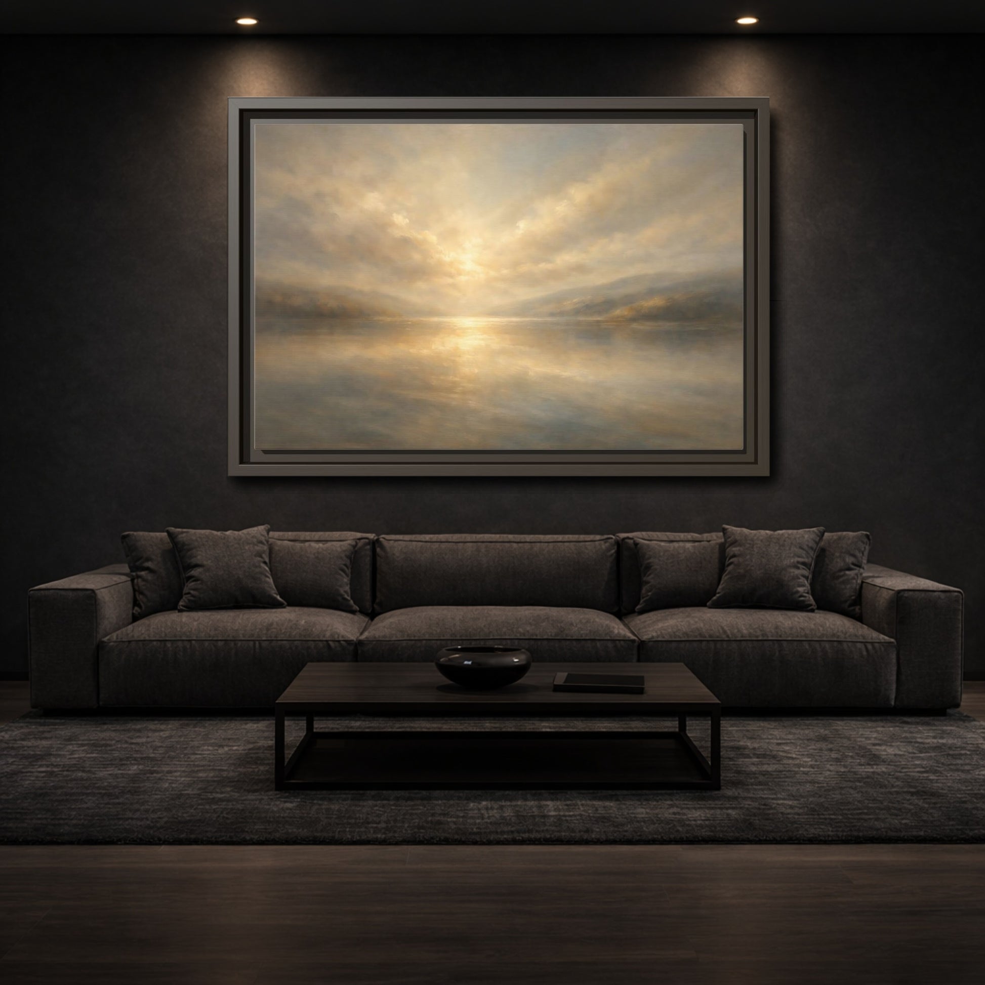 Mockup 2. Nature Lake Sunset Golden Hues shown as stretched canvas wall art