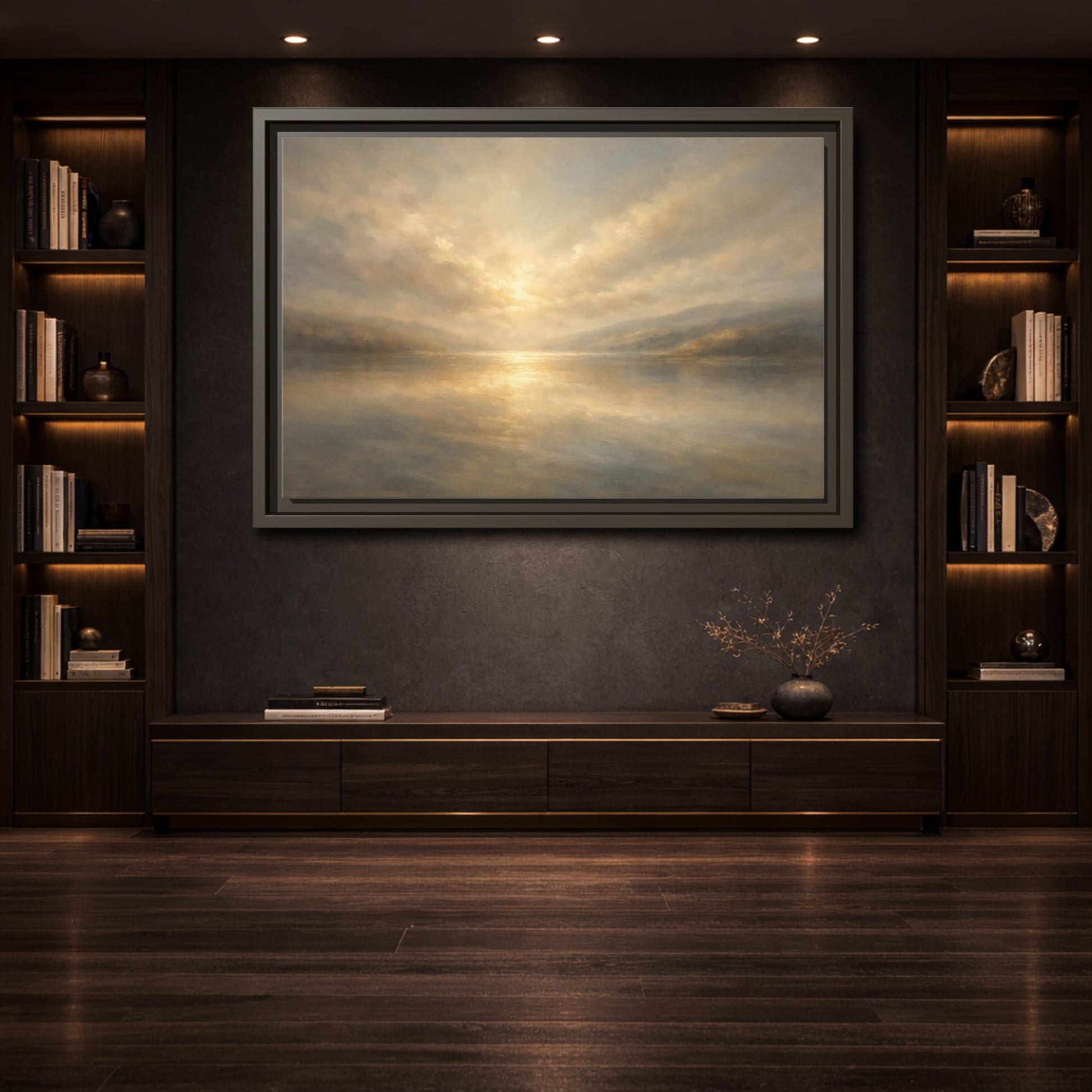 Mockup 3. Nature Lake Sunset Golden Hues shown as stretched canvas wall art
