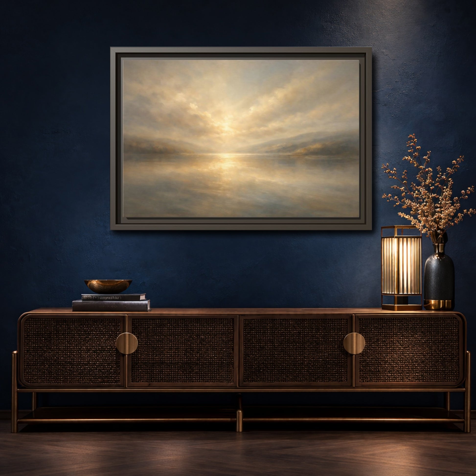Mockup 4. Nature Lake Sunset Golden Hues shown as stretched canvas wall art