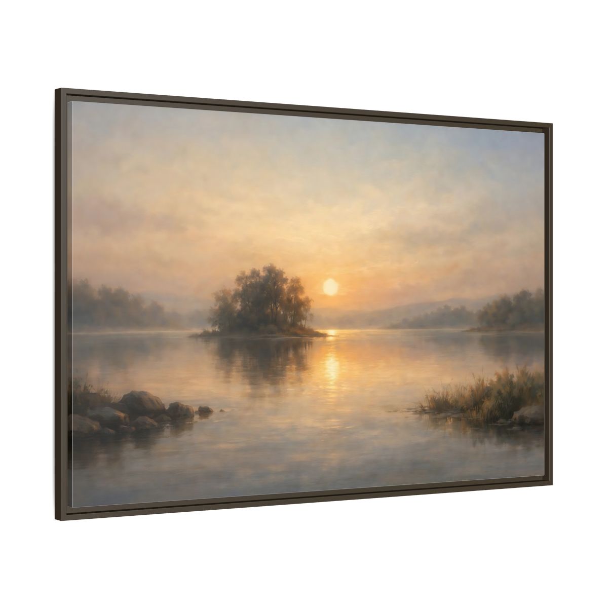 Main Mockup. Nature Lake Sunset Golden Lake shown as stretched canvas wall art