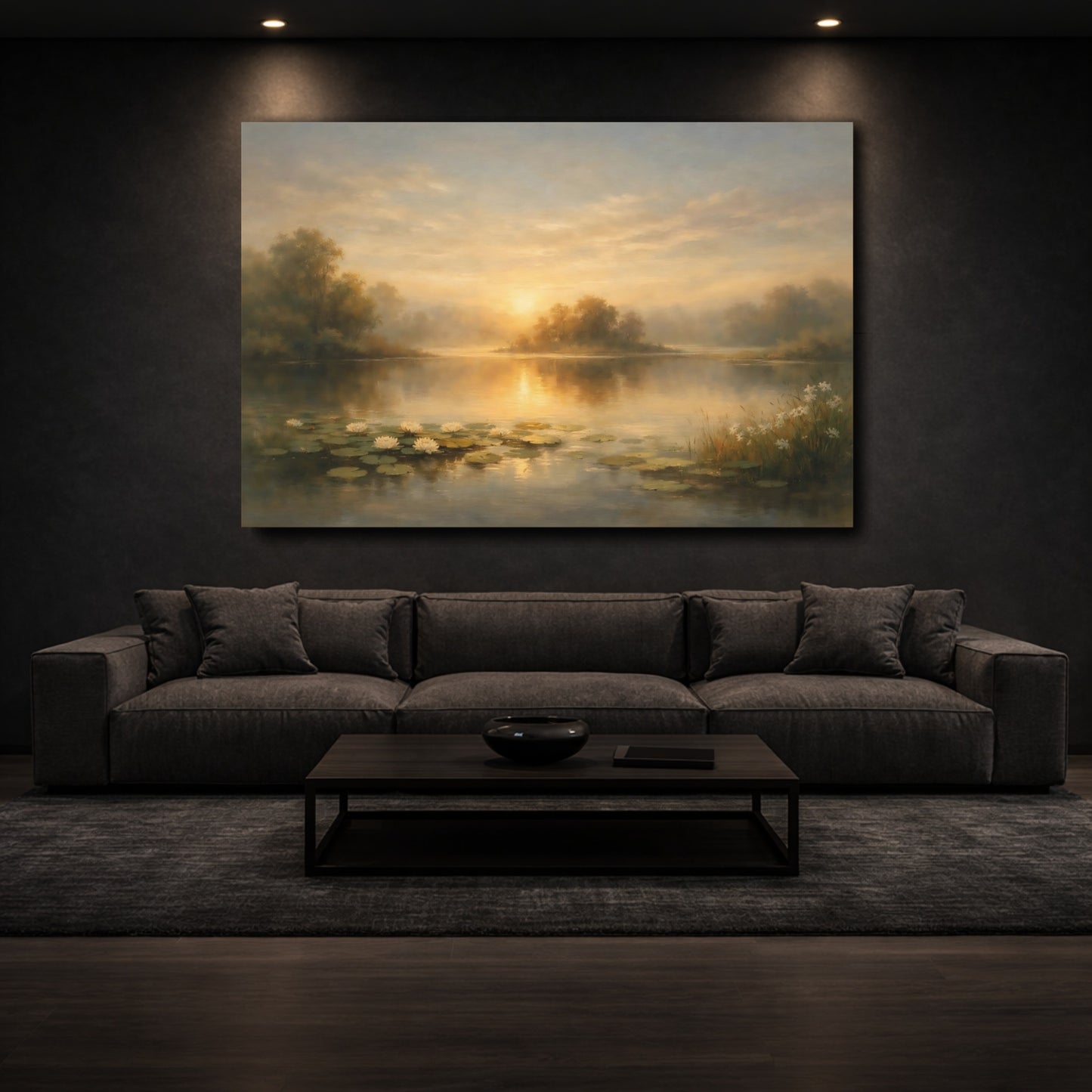 Mockup 2. Nature Lake Sunset Golden Lake Landscape shown as stretched canvas wall art