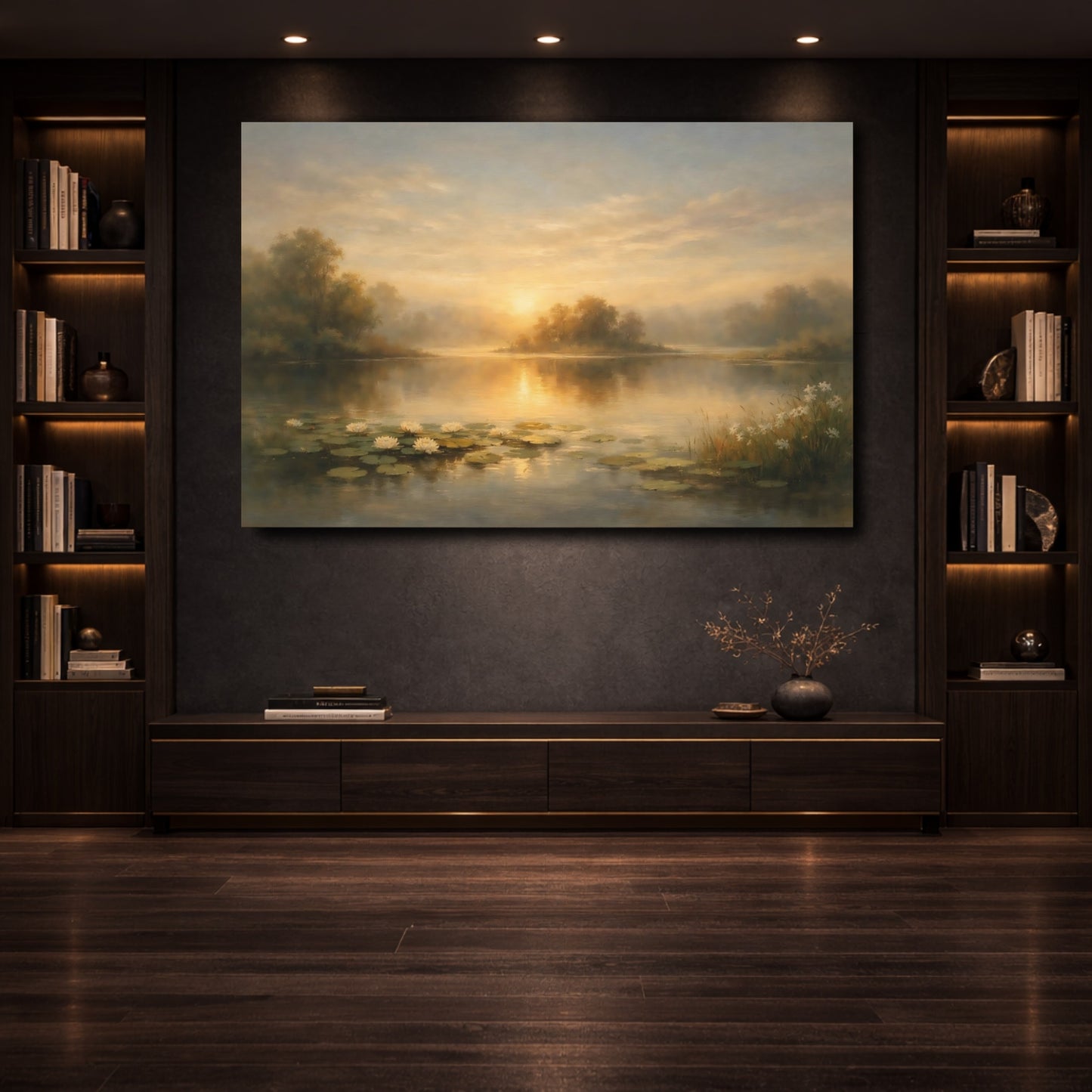 Mockup 3. Nature Lake Sunset Golden Lake Landscape shown as stretched canvas wall art