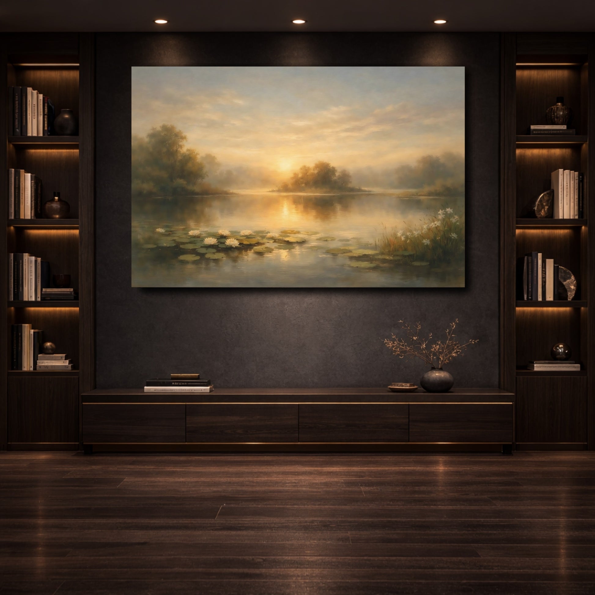 Mockup 3. Nature Lake Sunset Golden Lake Landscape shown as stretched canvas wall art