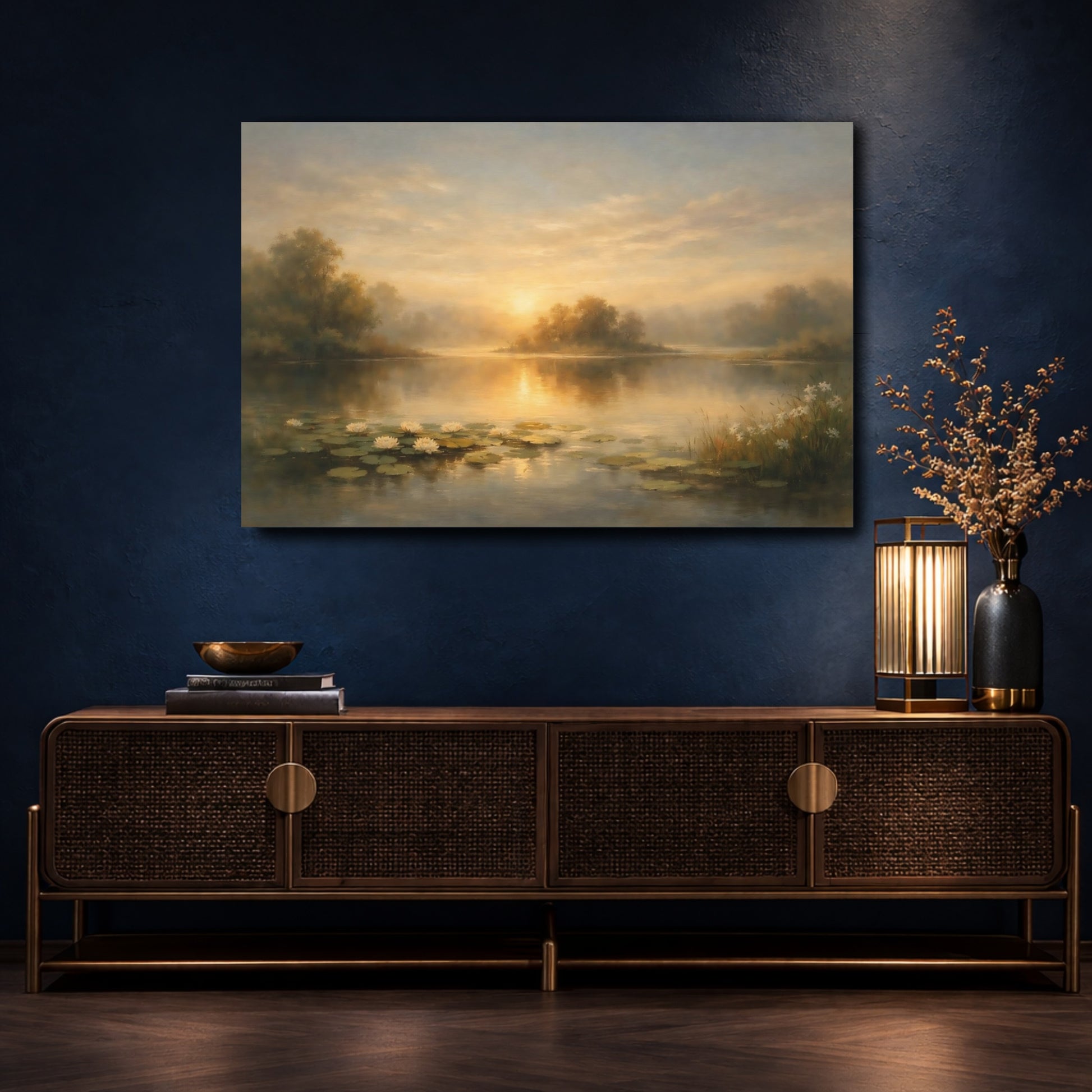 Mockup 4. Nature Lake Sunset Golden Lake Landscape shown as stretched canvas wall art