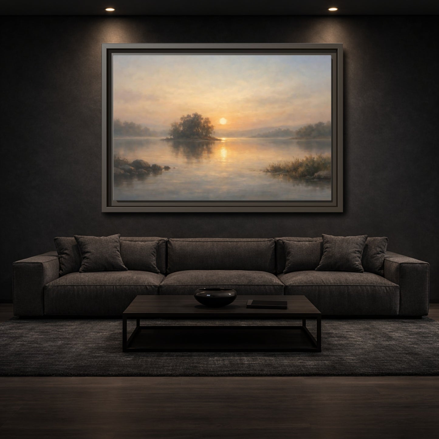 Mockup 2. Nature Lake Sunset Golden Lake shown as stretched canvas wall art