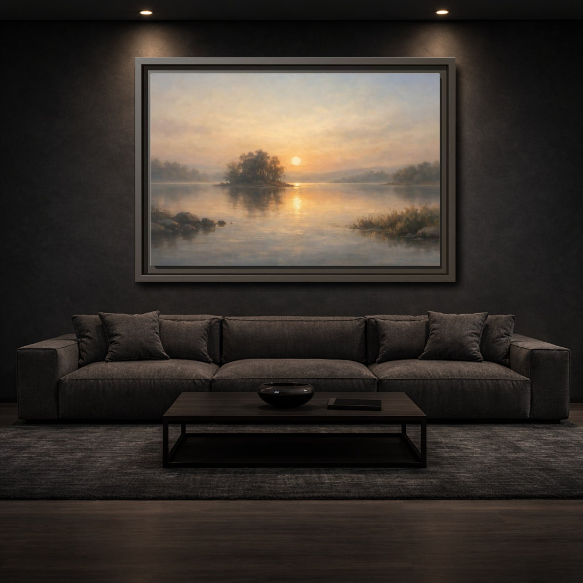 Mockup 2. Nature Lake Sunset Golden Lake shown as stretched canvas wall art