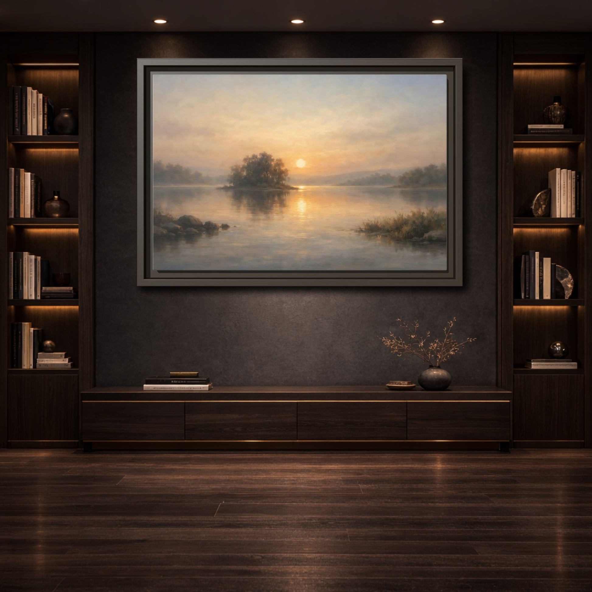 Mockup 3. Nature Lake Sunset Golden Lake shown as stretched canvas wall art