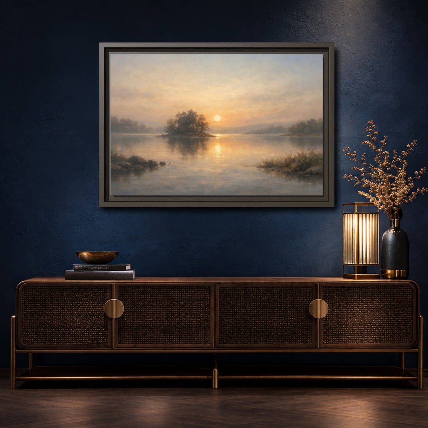 Mockup 4. Nature Lake Sunset Golden Lake shown as stretched canvas wall art