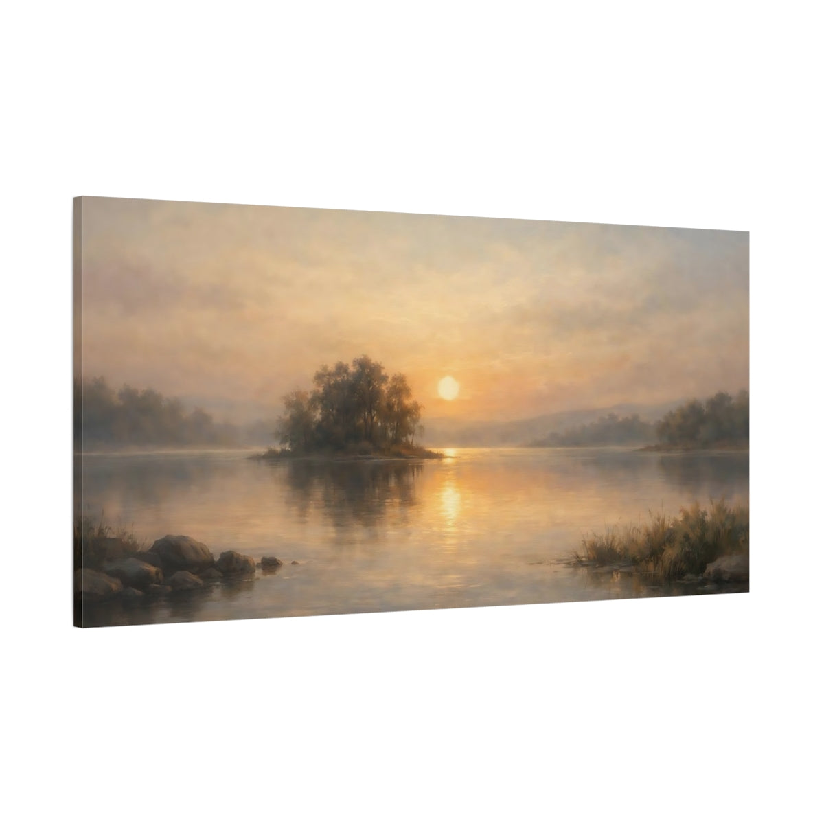 Main Mockup. Nature Lake Sunset Golden Lake Sunset shown as stretched canvas wall art