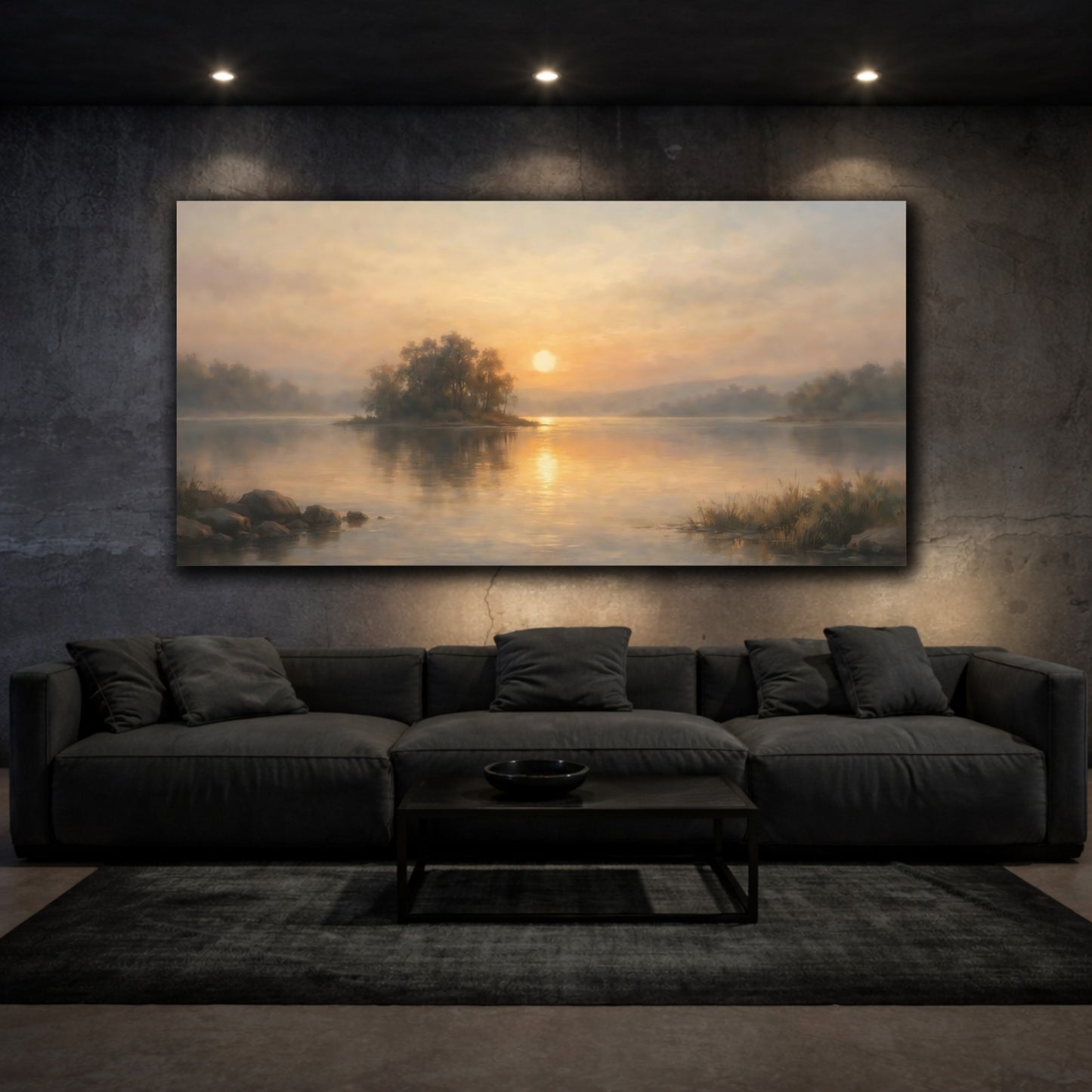 Mockup 2. Nature Lake Sunset Golden Lake Sunset shown as stretched canvas wall art
