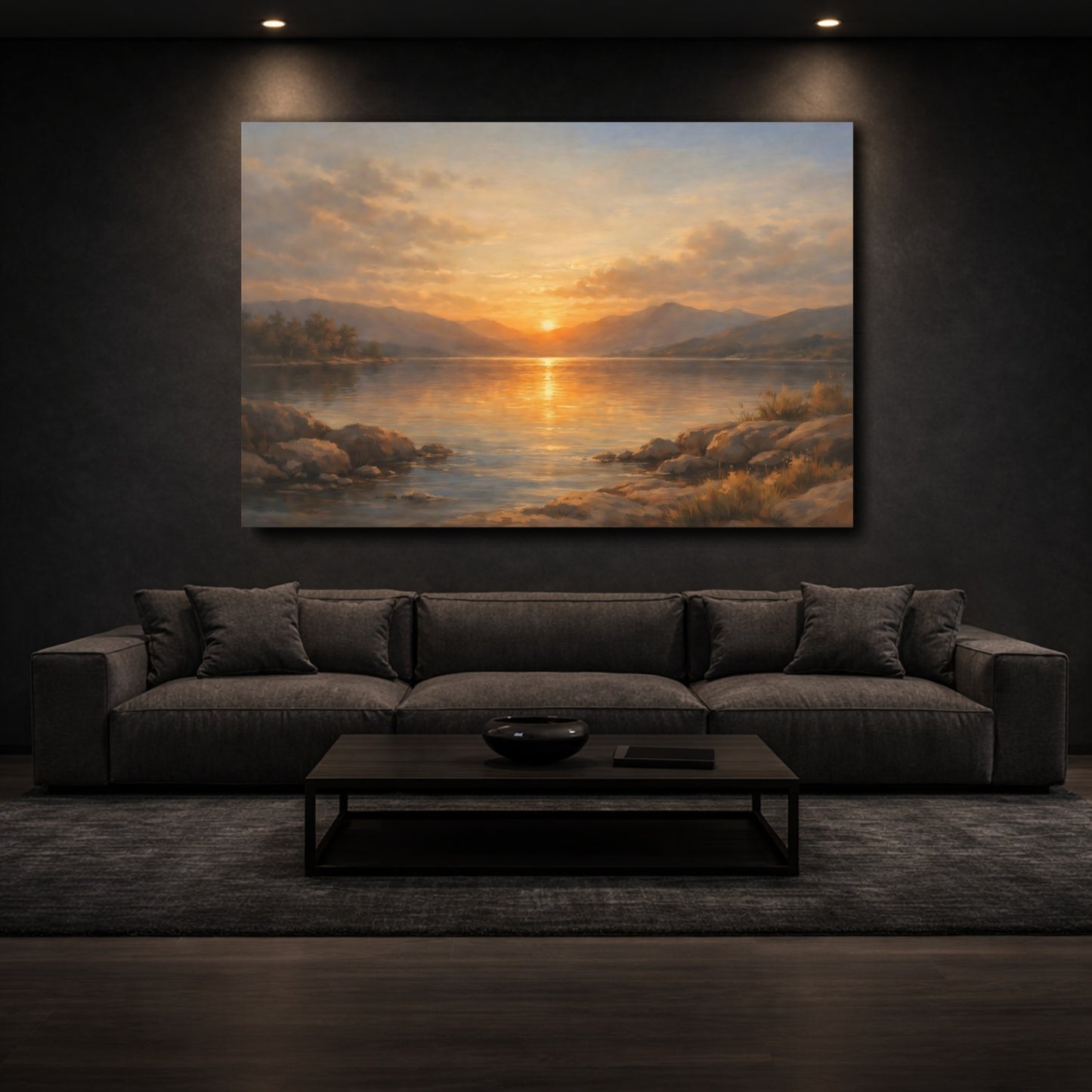 Mockup 2. Nature Lake Sunset Golden Lake Sunset shown as stretched canvas wall art