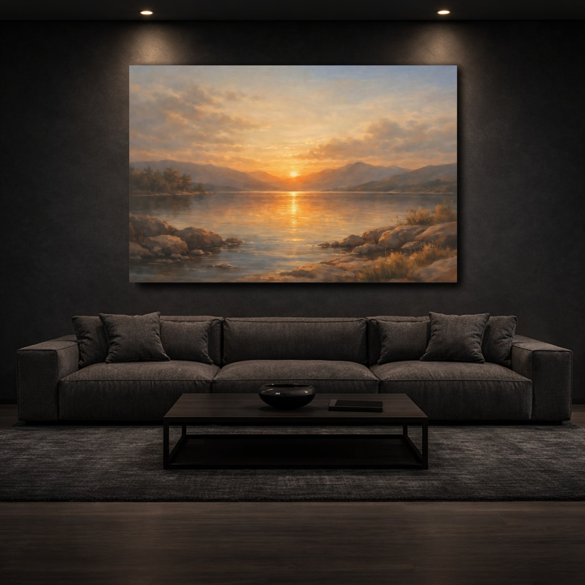 Mockup 2. Nature Lake Sunset Golden Lake Sunset shown as stretched canvas wall art