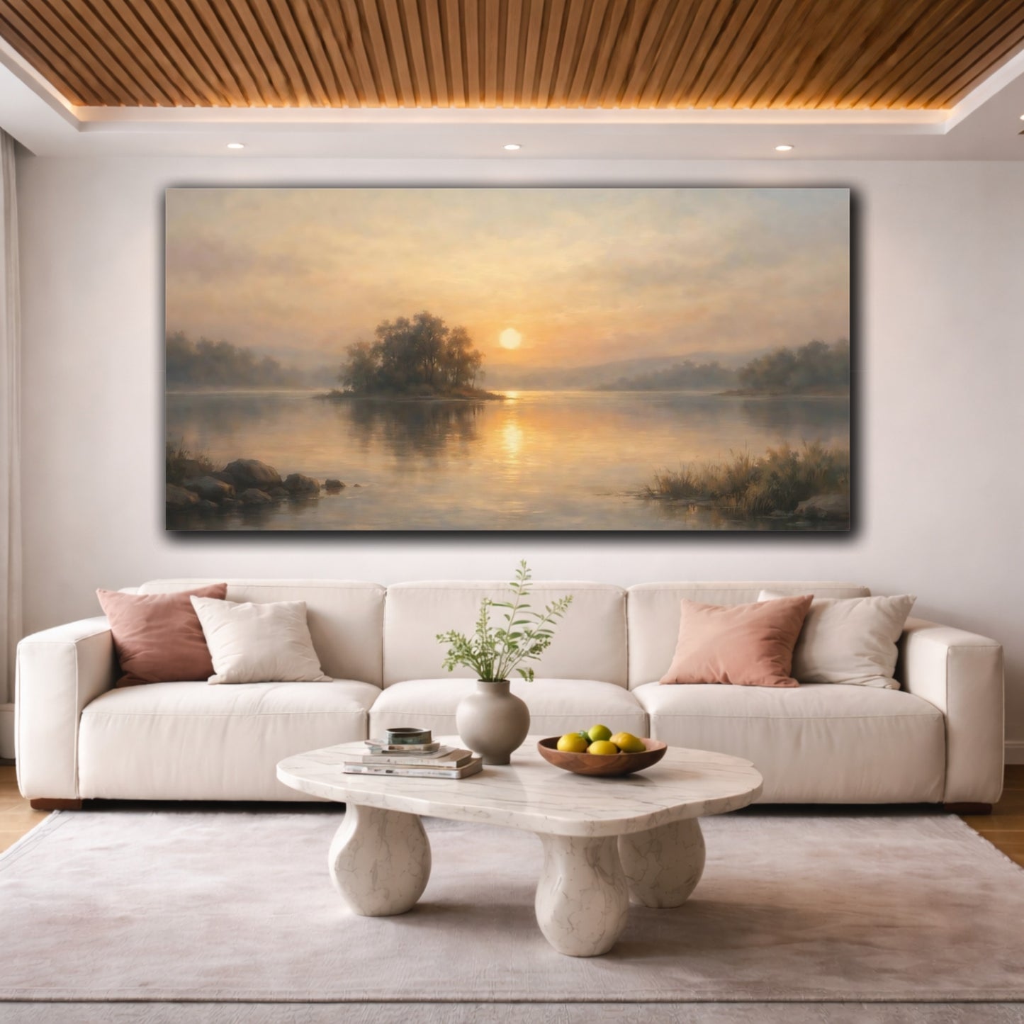 Mockup 3. Nature Lake Sunset Golden Lake Sunset shown as stretched canvas wall art