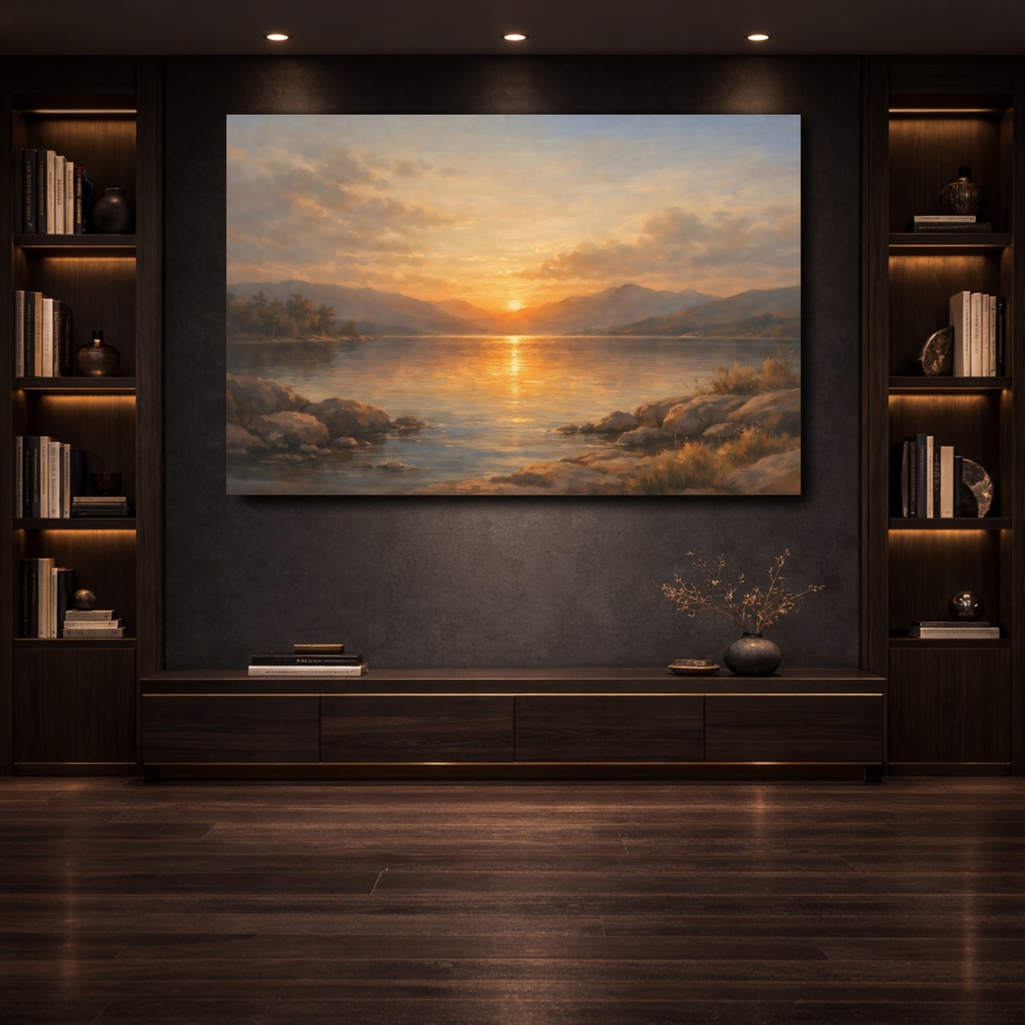 Mockup 3. Nature Lake Sunset Golden Lake Sunset shown as stretched canvas wall art