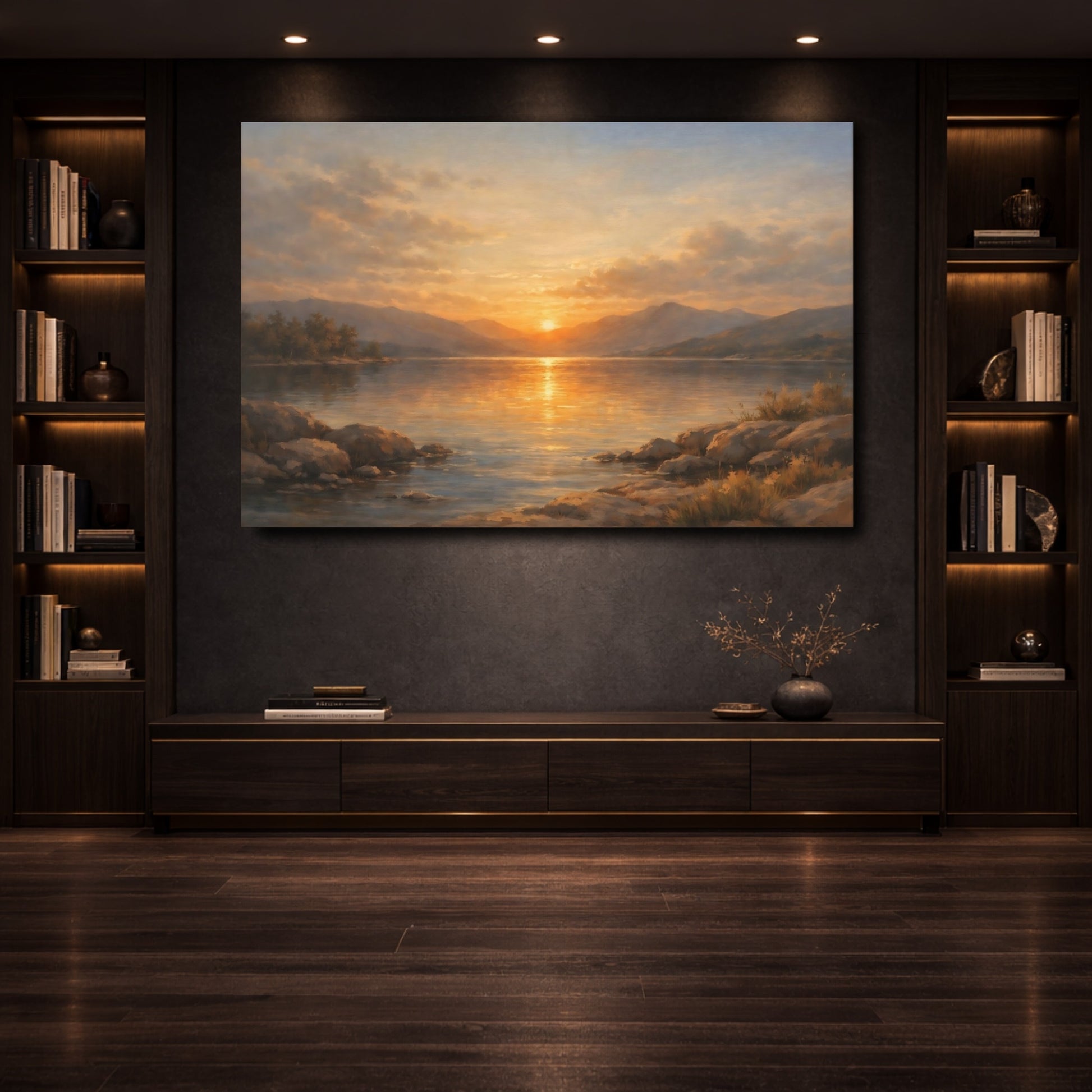 Mockup 3. Nature Lake Sunset Golden Lake Sunset shown as stretched canvas wall art