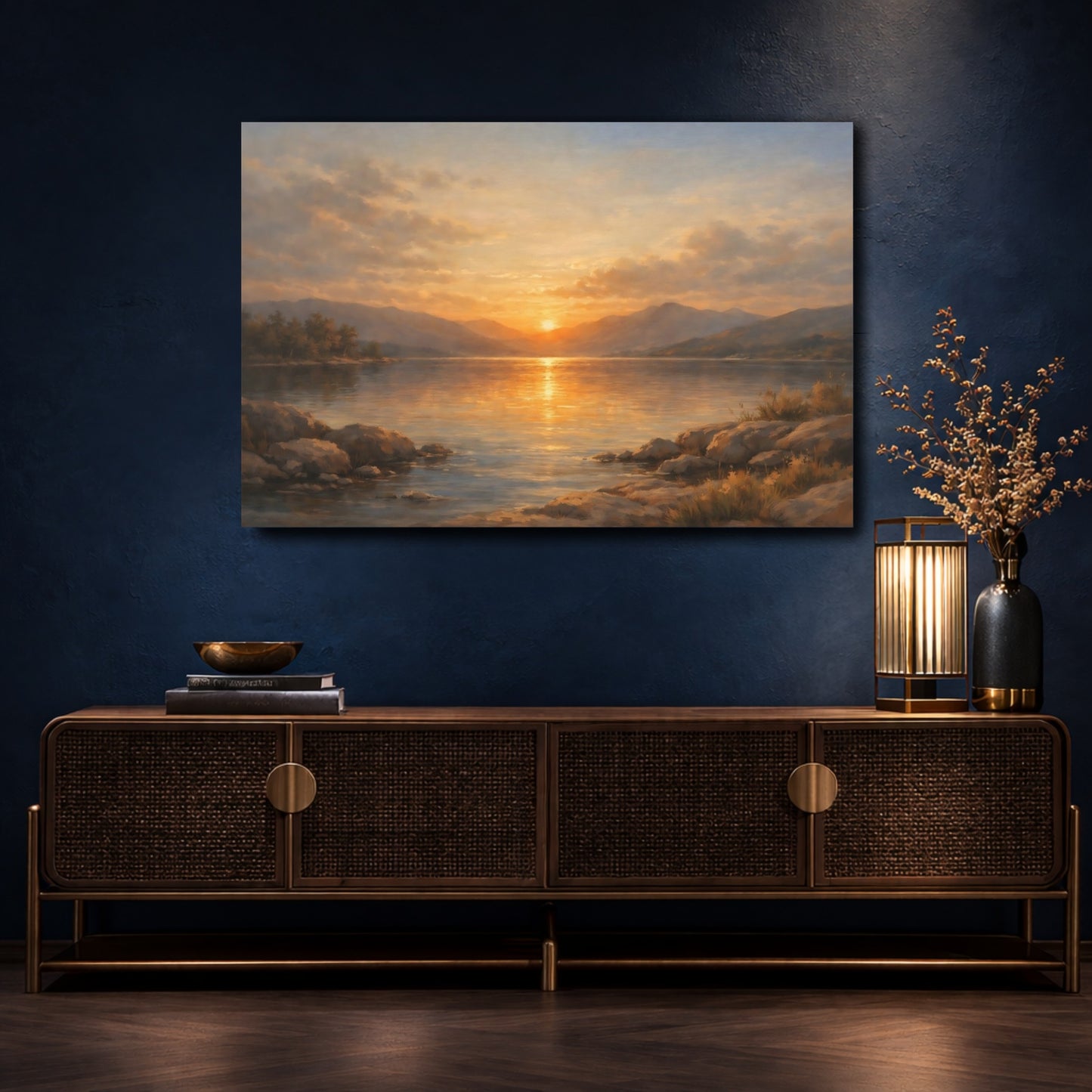 Mockup 4. Nature Lake Sunset Golden Lake Sunset shown as stretched canvas wall art
