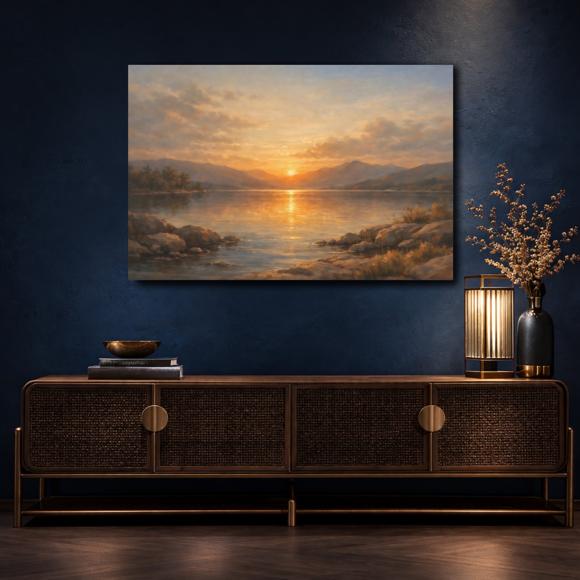 Mockup 4. Nature Lake Sunset Golden Lake Sunset shown as stretched canvas wall art