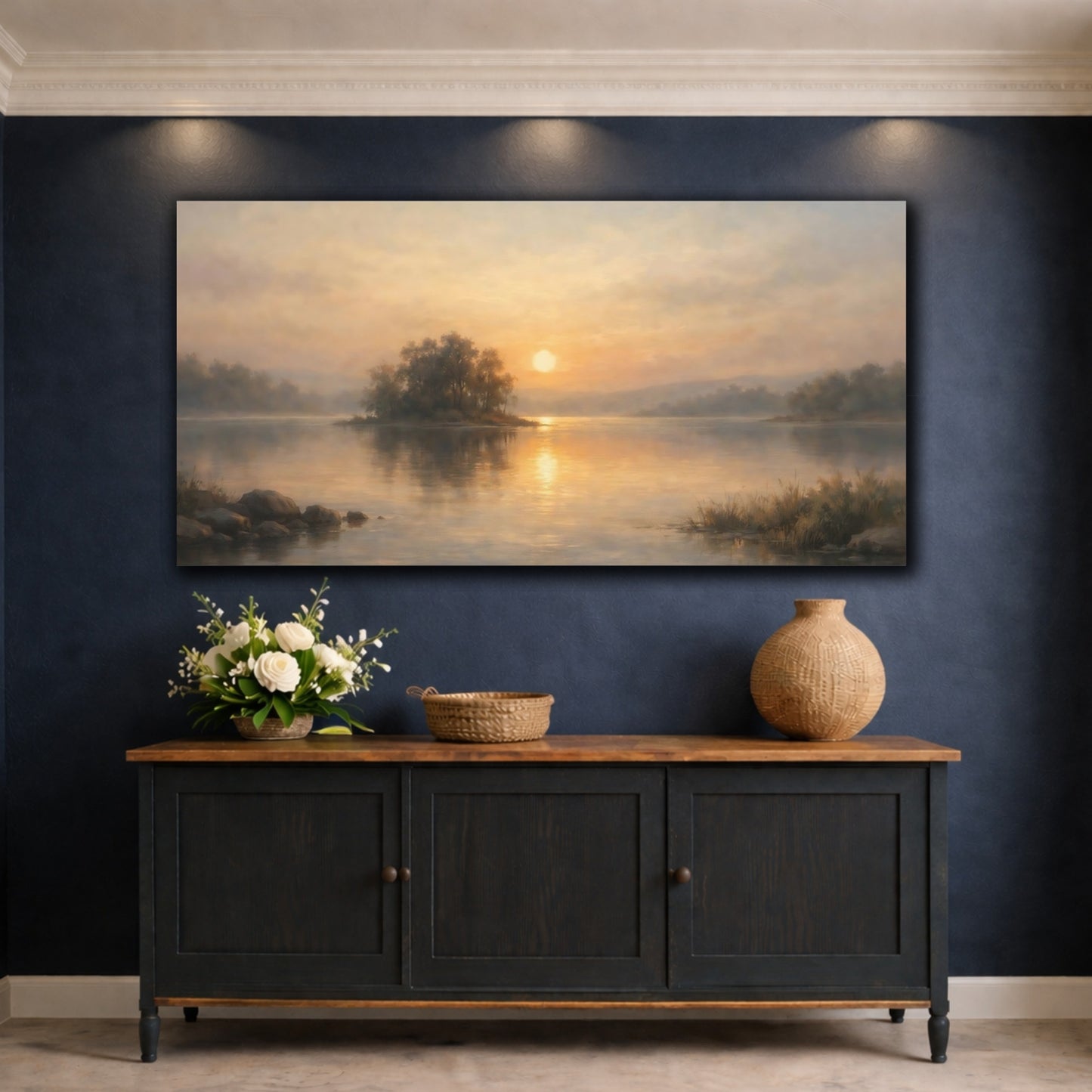Mockup 4. Nature Lake Sunset Golden Lake Sunset shown as stretched canvas wall art