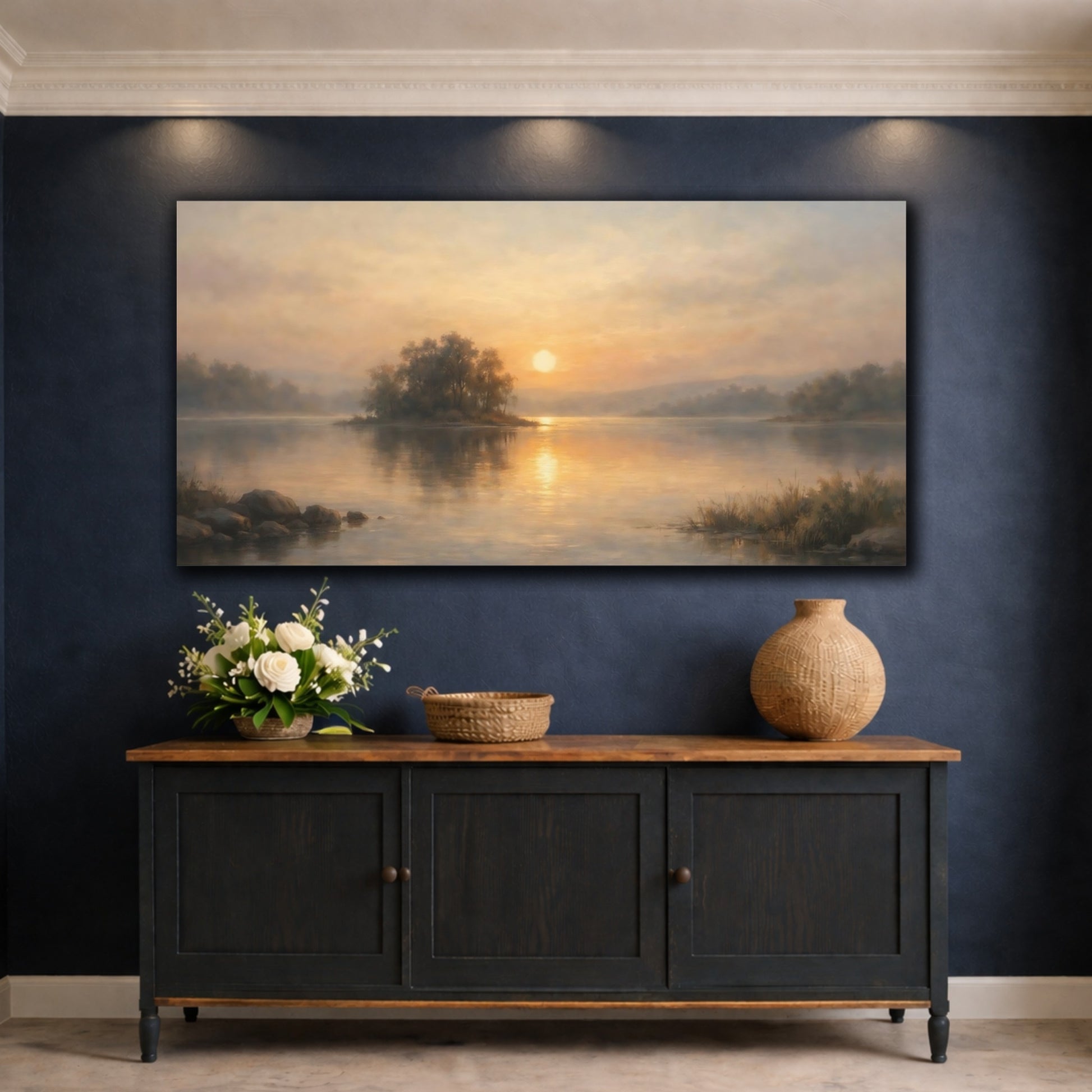 Mockup 4. Nature Lake Sunset Golden Lake Sunset shown as stretched canvas wall art