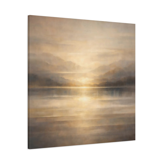 Main Mockup. Nature Lake Sunset Golden Landscape shown as stretched canvas wall art