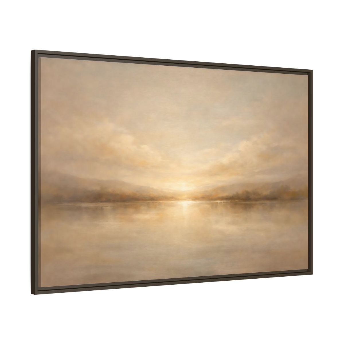 Main Mockup. Nature Lake Sunset Golden Landscape shown as stretched canvas wall art