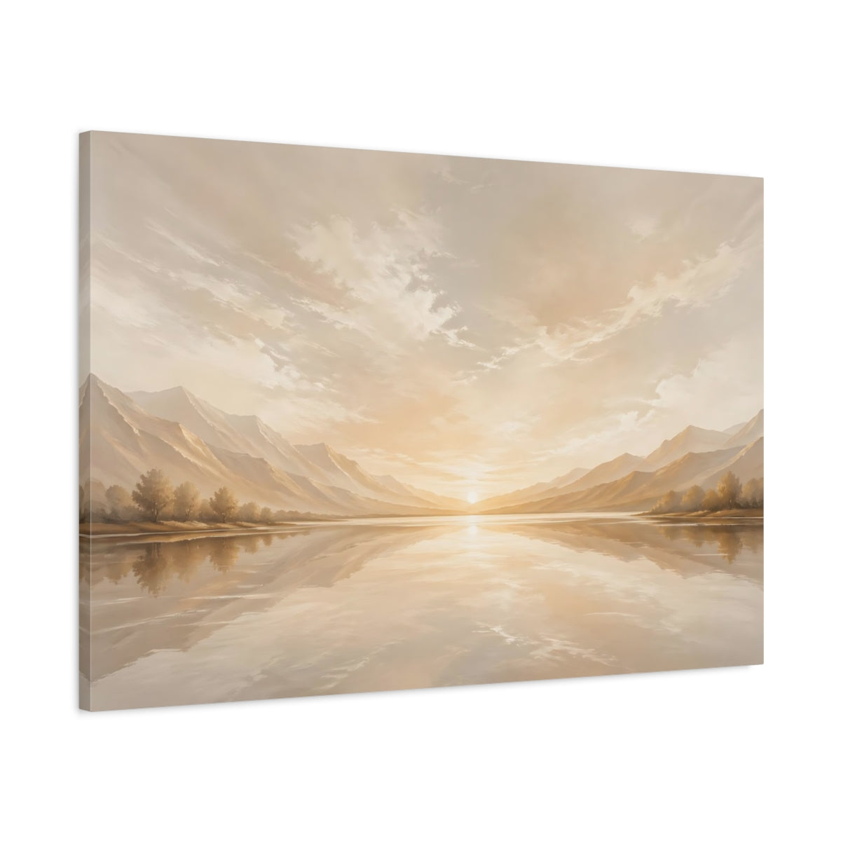 Main Mockup. Nature Lake Sunset Golden Landscape shown as stretched canvas wall art